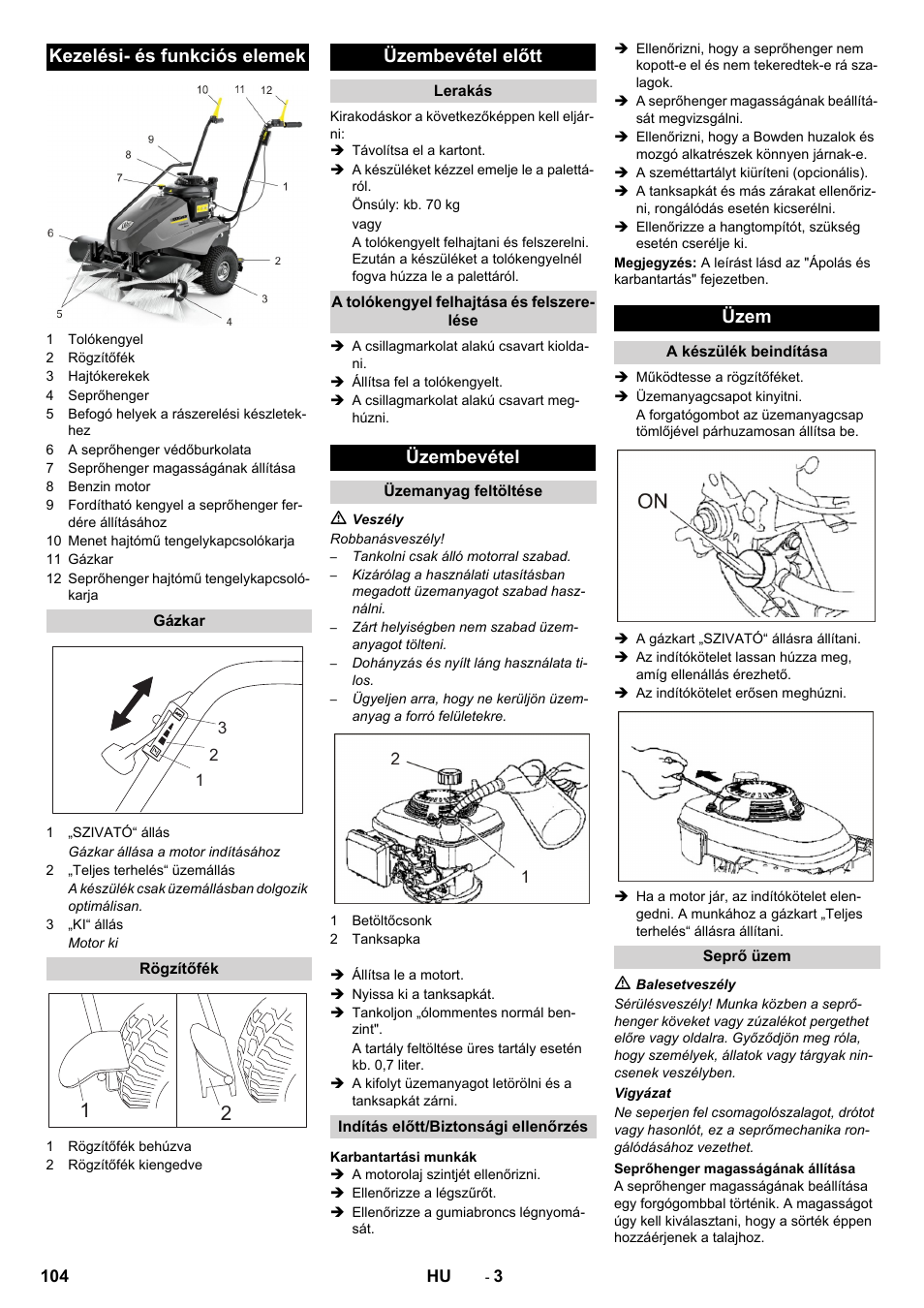 Kezelési- és funkciós elemek, Üzembevétel előtt, Üzembevétel | Üzem | Karcher KM 80 W P User Manual | Page 104 / 196