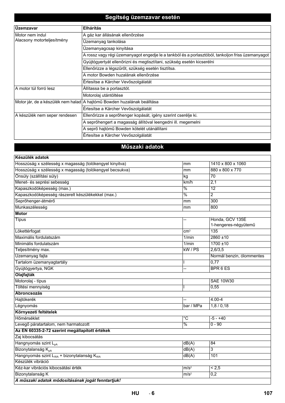 Segítség üzemzavar esetén, Műszaki adatok | Karcher KM 80 W P User Manual | Page 107 / 196