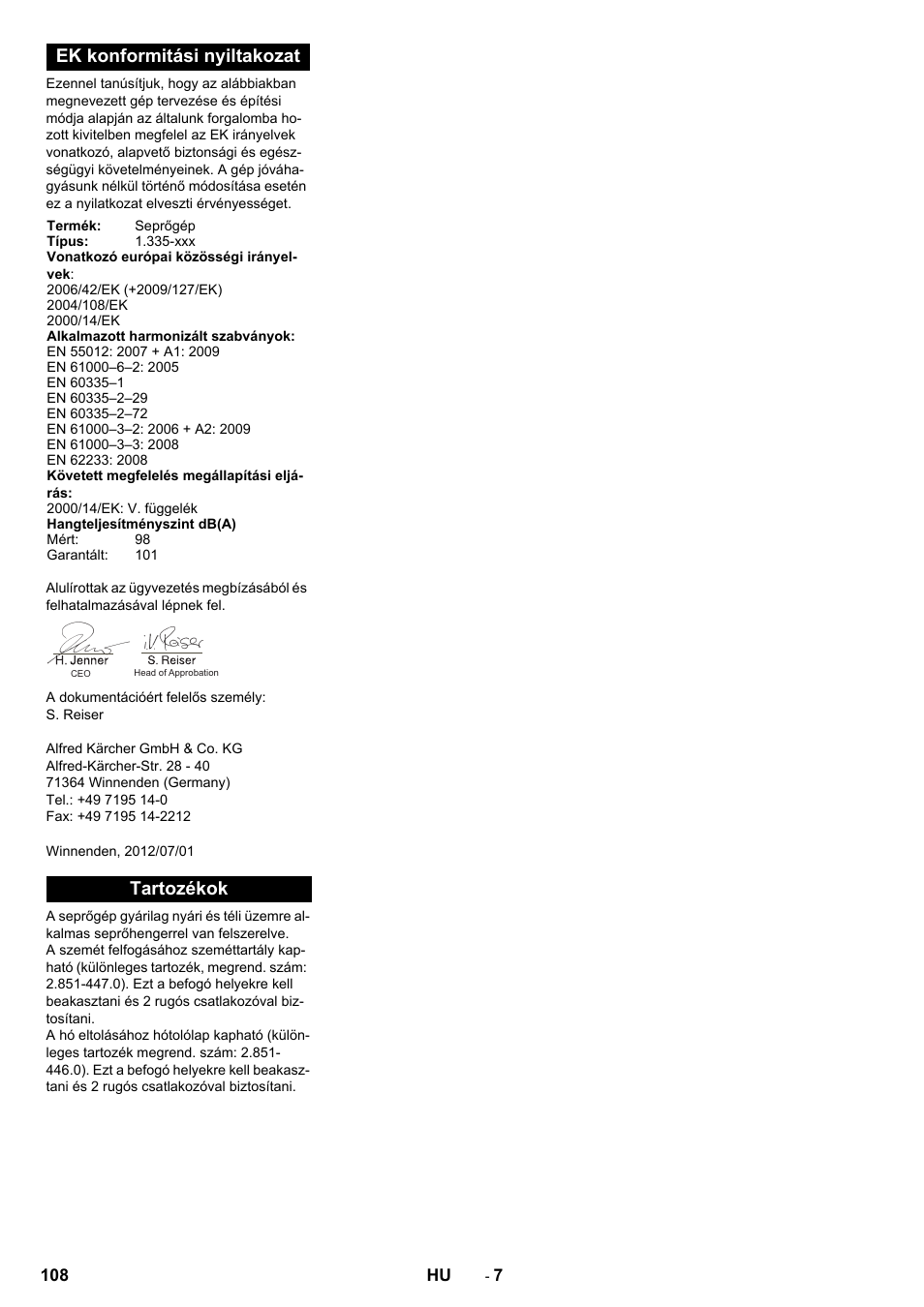 Ek konformitási nyiltakozat, Tartozékok | Karcher KM 80 W P User Manual | Page 108 / 196