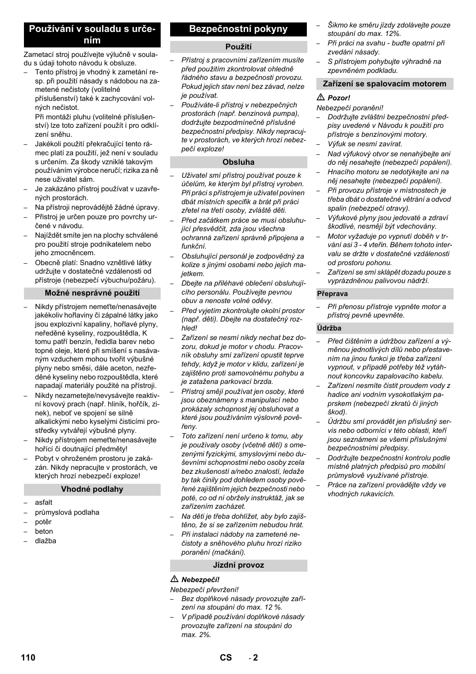 Používání v souladu s urče- ním, Bezpečnostní pokyny | Karcher KM 80 W P User Manual | Page 110 / 196