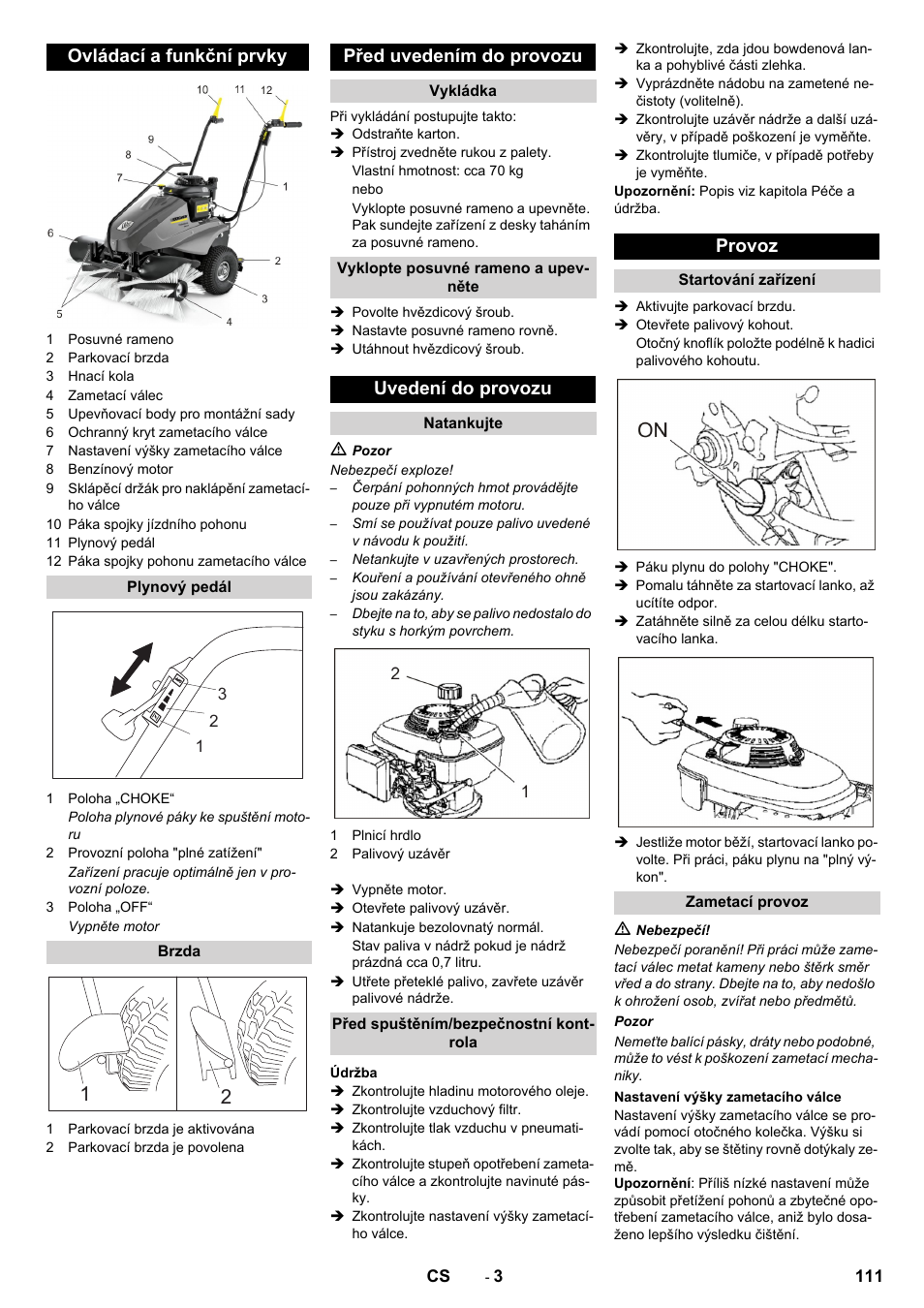 Ovládací a funkční prvky, Před uvedením do provozu, Uvedení do provozu | Provoz | Karcher KM 80 W P User Manual | Page 111 / 196