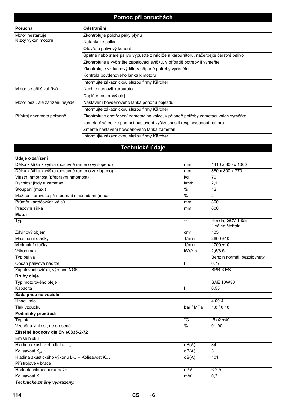 Pomoc při poruchách, Technické údaje | Karcher KM 80 W P User Manual | Page 114 / 196