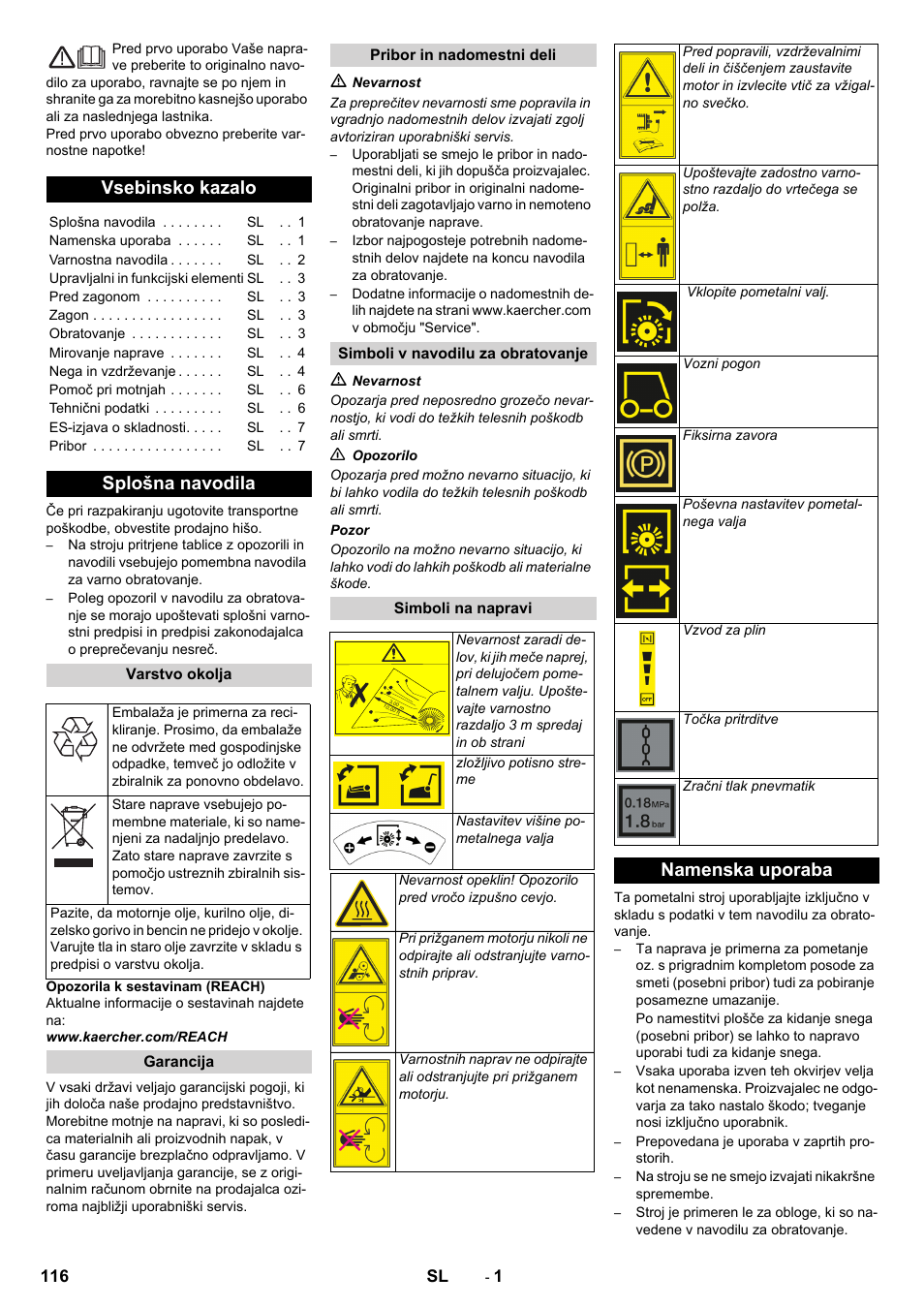 Slovenščina, Slovenšina, Vsebinsko kazalo | Splošna navodila, Namenska uporaba | Karcher KM 80 W P User Manual | Page 116 / 196