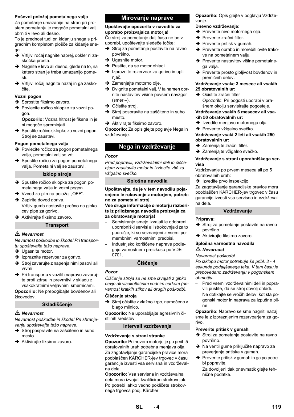 Mirovanje naprave nega in vzdrževanje | Karcher KM 80 W P User Manual | Page 119 / 196