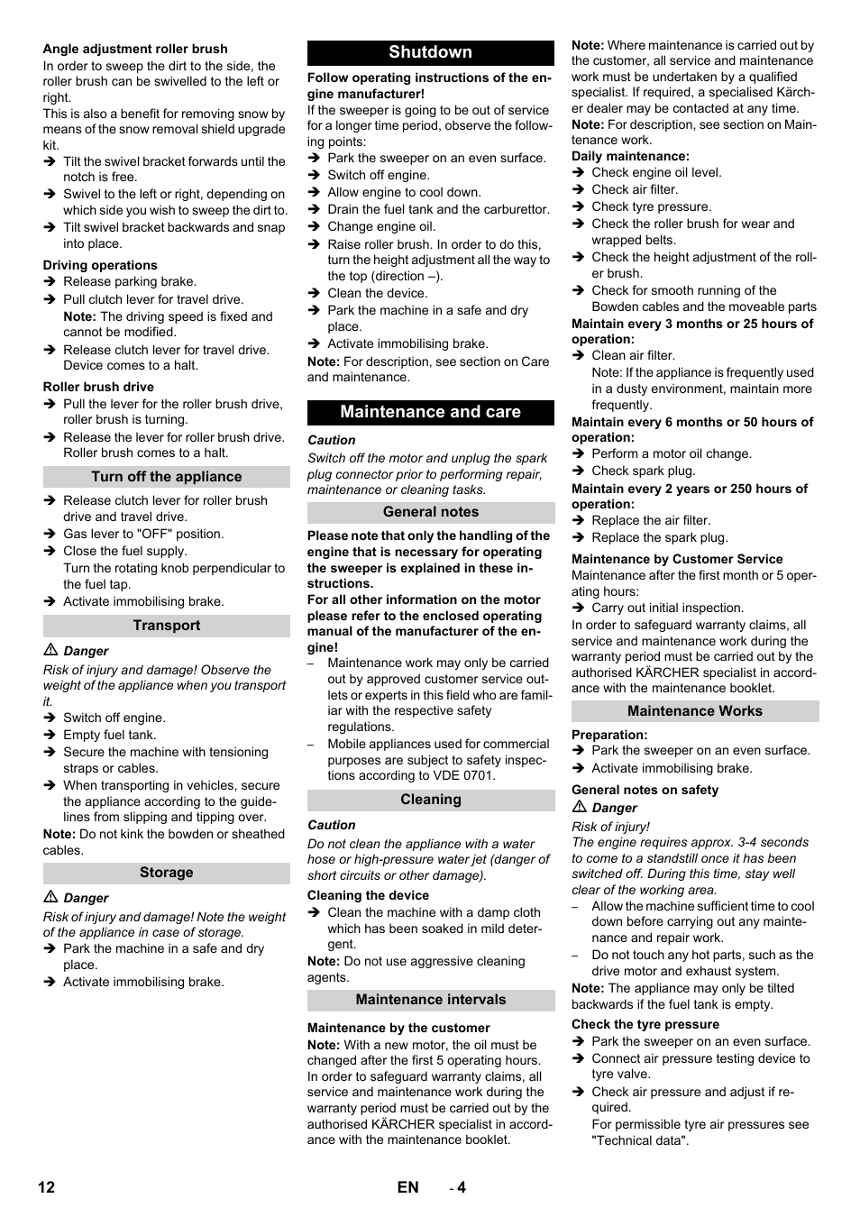 Shutdown maintenance and care | Karcher KM 80 W P User Manual | Page 12 / 196