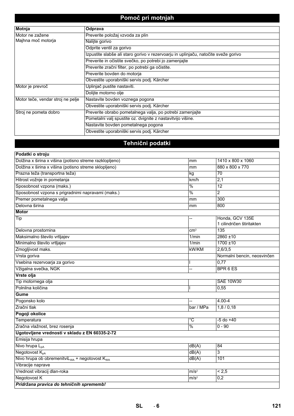 Pomoč pri motnjah, Tehnični podatki | Karcher KM 80 W P User Manual | Page 121 / 196