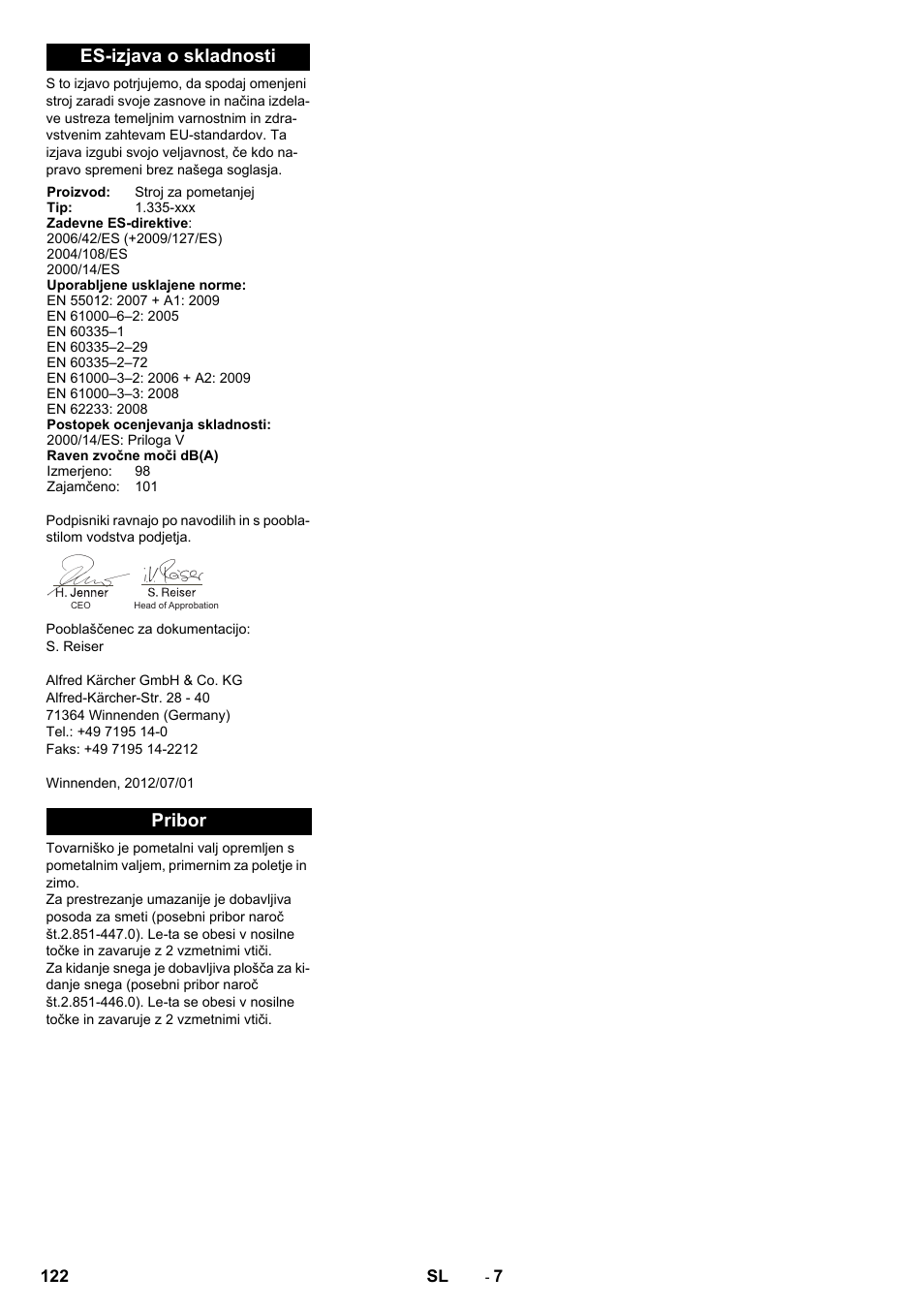 Es-izjava o skladnosti, Pribor | Karcher KM 80 W P User Manual | Page 122 / 196