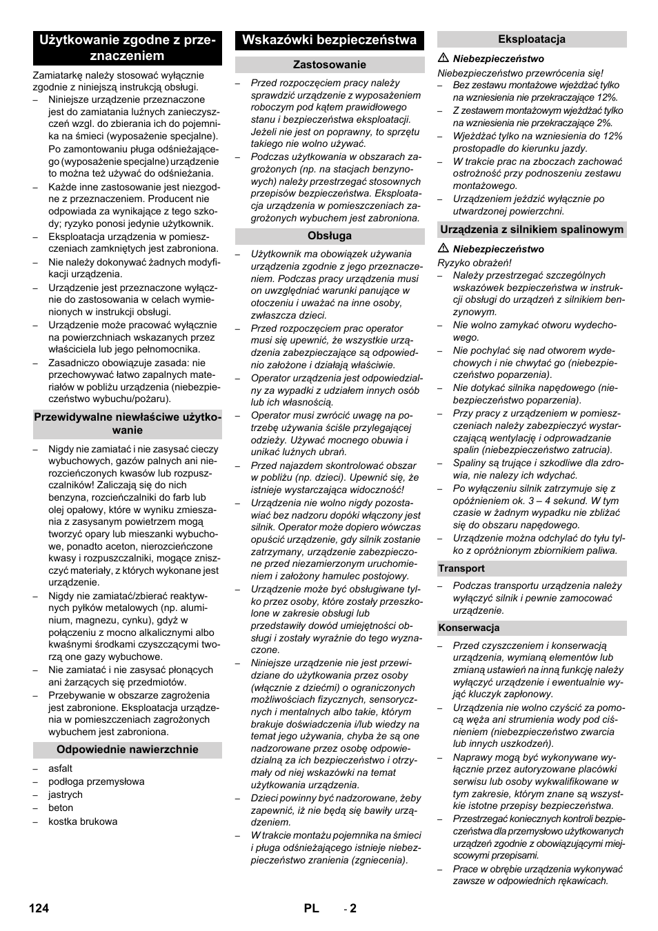 Użytkowanie zgodne z prze- znaczeniem, Wskazówki bezpieczeństwa | Karcher KM 80 W P User Manual | Page 124 / 196