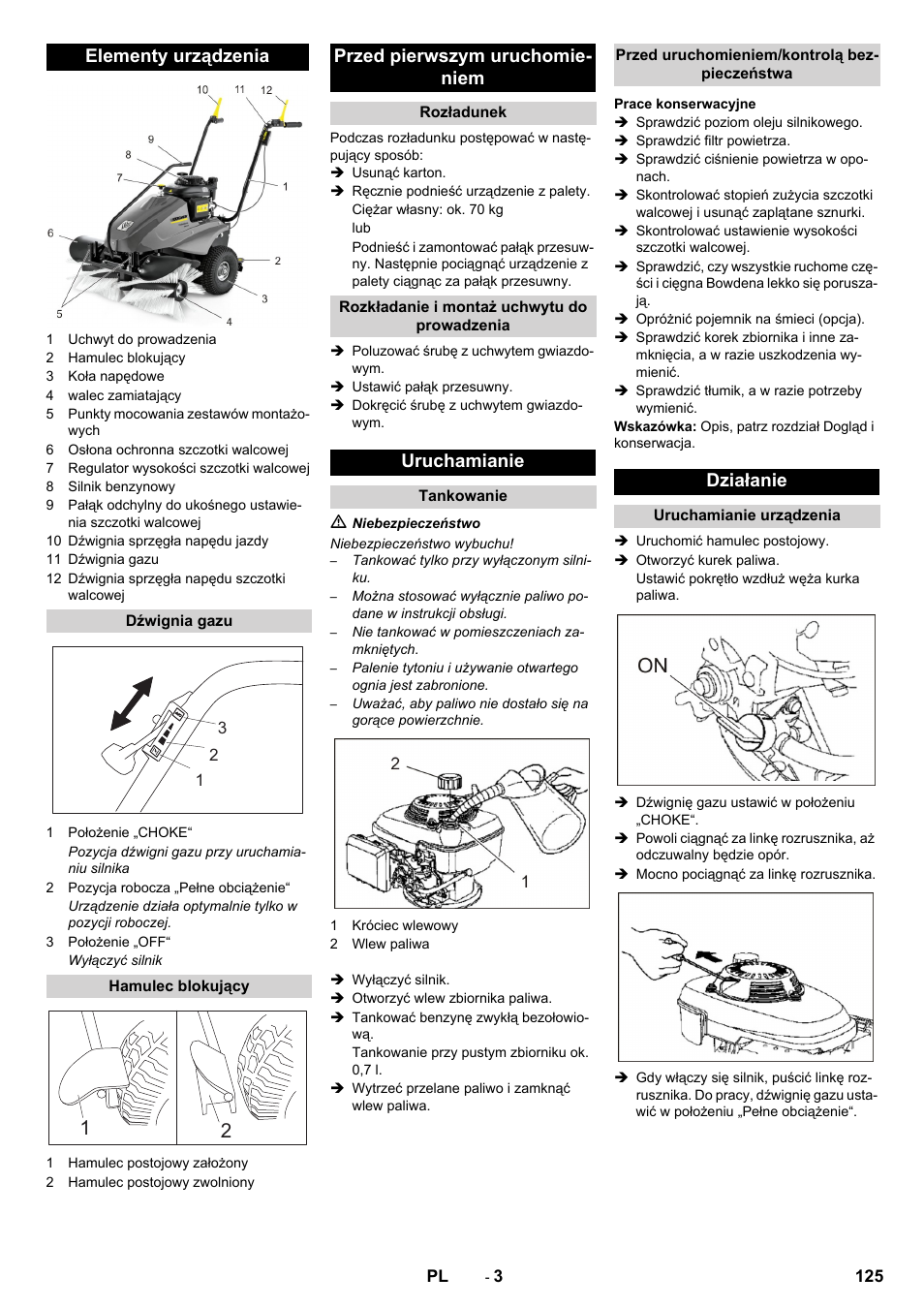 Elementy urządzenia, Przed pierwszym uruchomie- niem, Uruchamianie | Działanie | Karcher KM 80 W P User Manual | Page 125 / 196