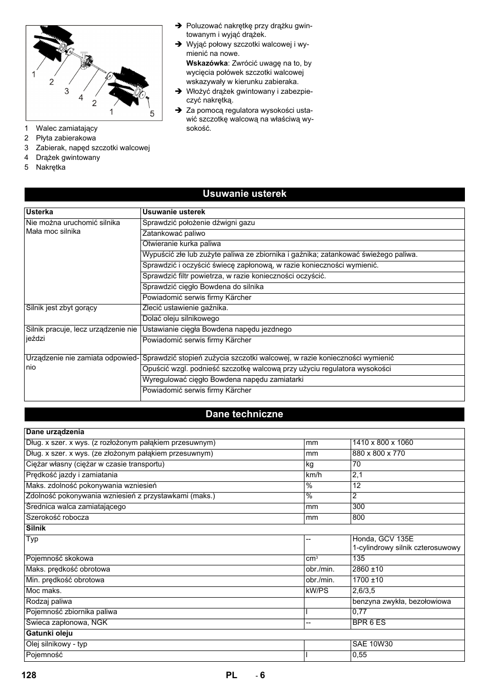 Usuwanie usterek, Dane techniczne | Karcher KM 80 W P User Manual | Page 128 / 196