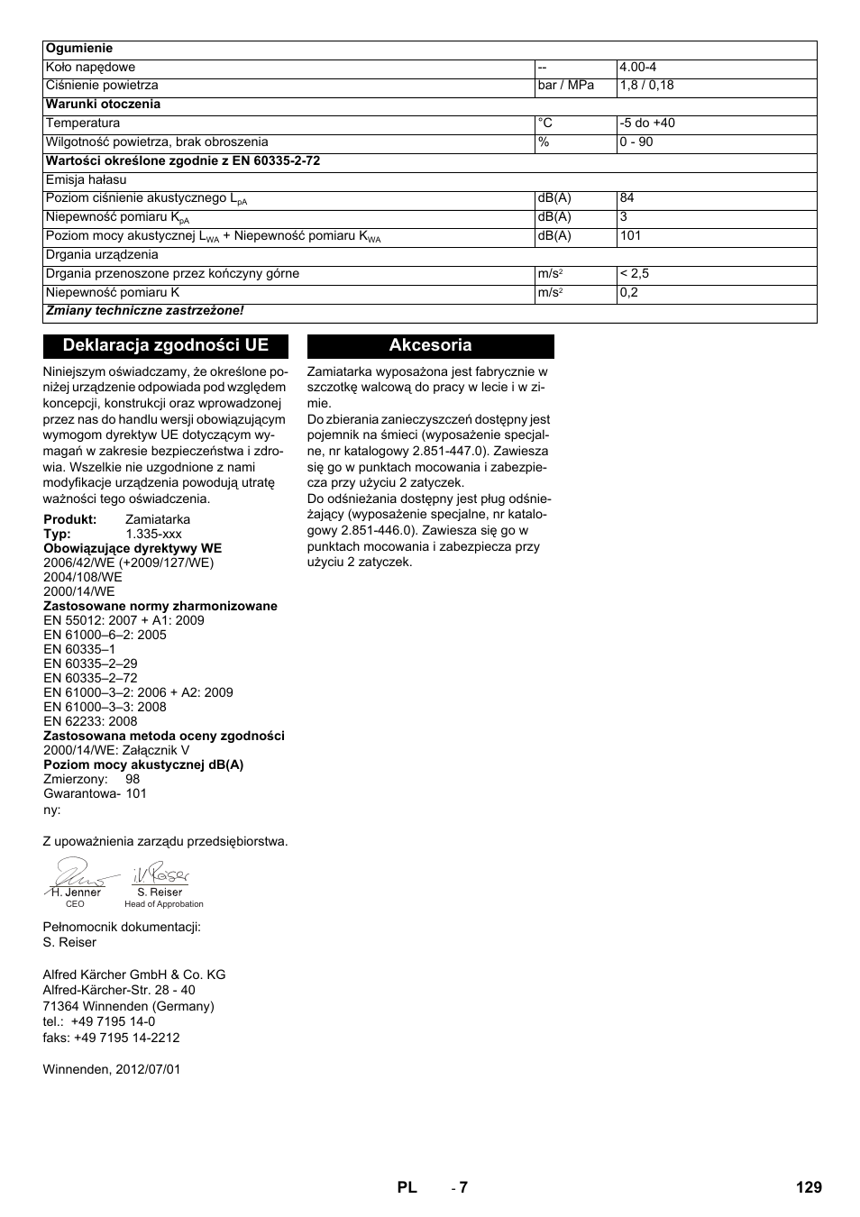 Deklaracja zgodności ue, Akcesoria | Karcher KM 80 W P User Manual | Page 129 / 196