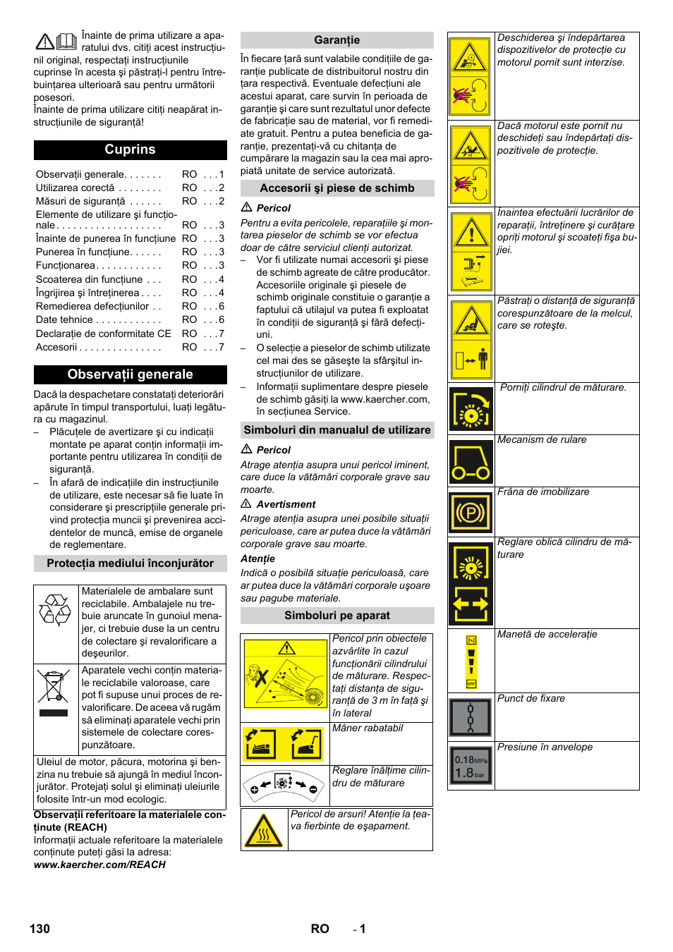 Româneşte, Românete, Cuprins | Observaţii generale | Karcher KM 80 W P User Manual | Page 130 / 196