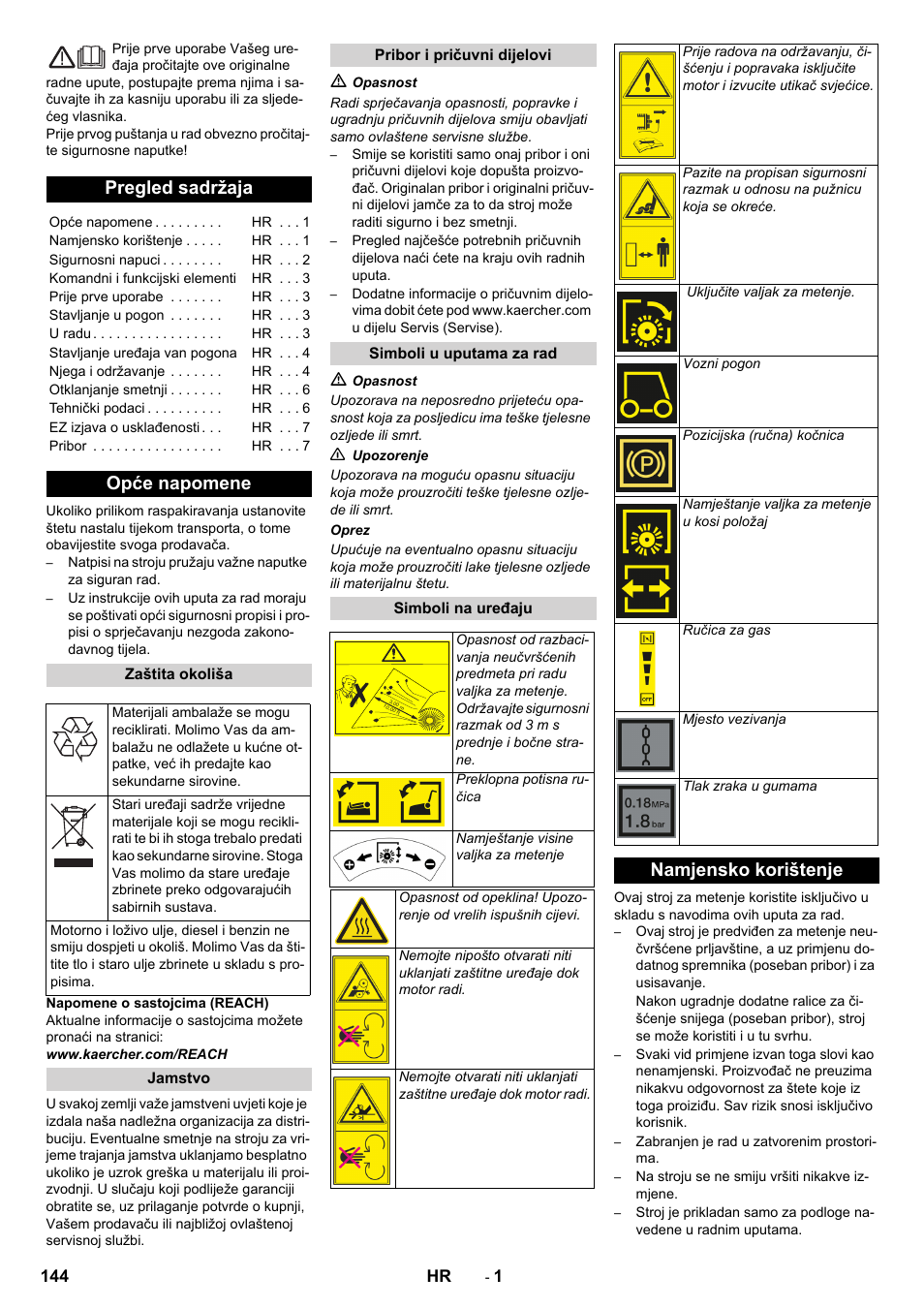 Hrvatski, Pregled sadržaja, Opće napomene | Namjensko korištenje | Karcher KM 80 W P User Manual | Page 144 / 196