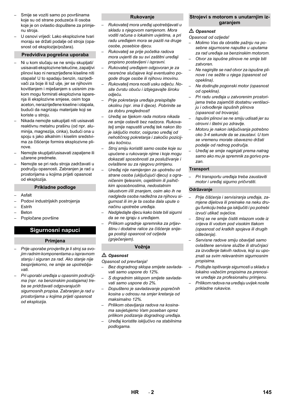 Sigurnosni napuci, 145 hr | Karcher KM 80 W P User Manual | Page 145 / 196