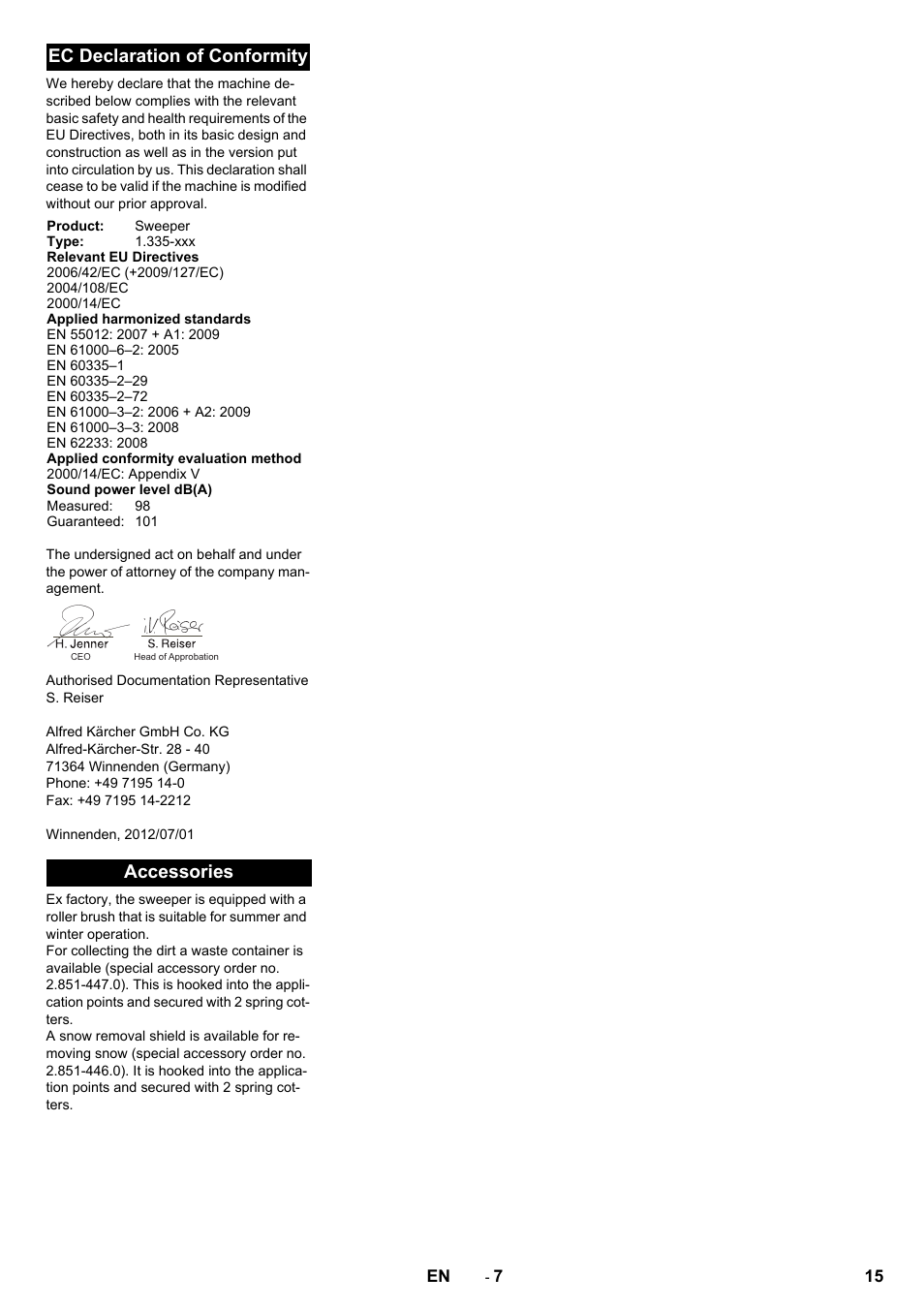 Ec declaration of conformity, Accessories | Karcher KM 80 W P User Manual | Page 15 / 196