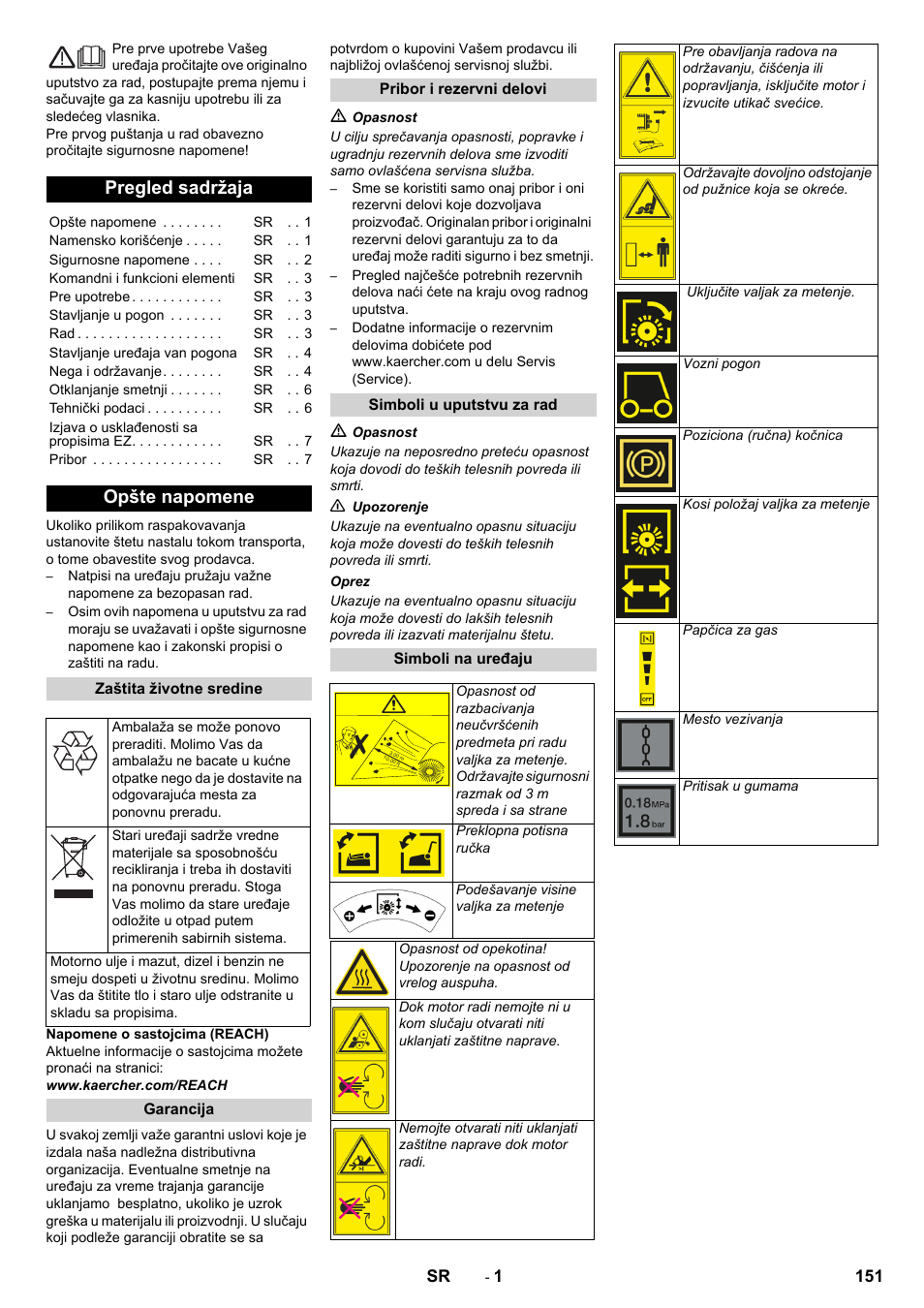 Srpski, Pregled sadržaja, Opšte napomene | Karcher KM 80 W P User Manual | Page 151 / 196