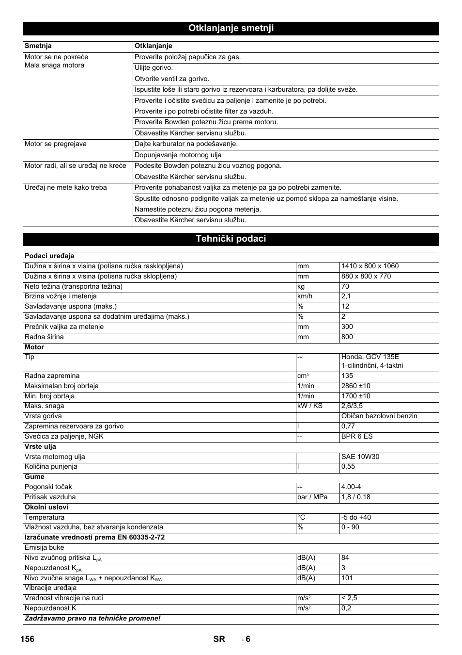 Otklanjanje smetnji, Tehnički podaci | Karcher KM 80 W P User Manual | Page 156 / 196