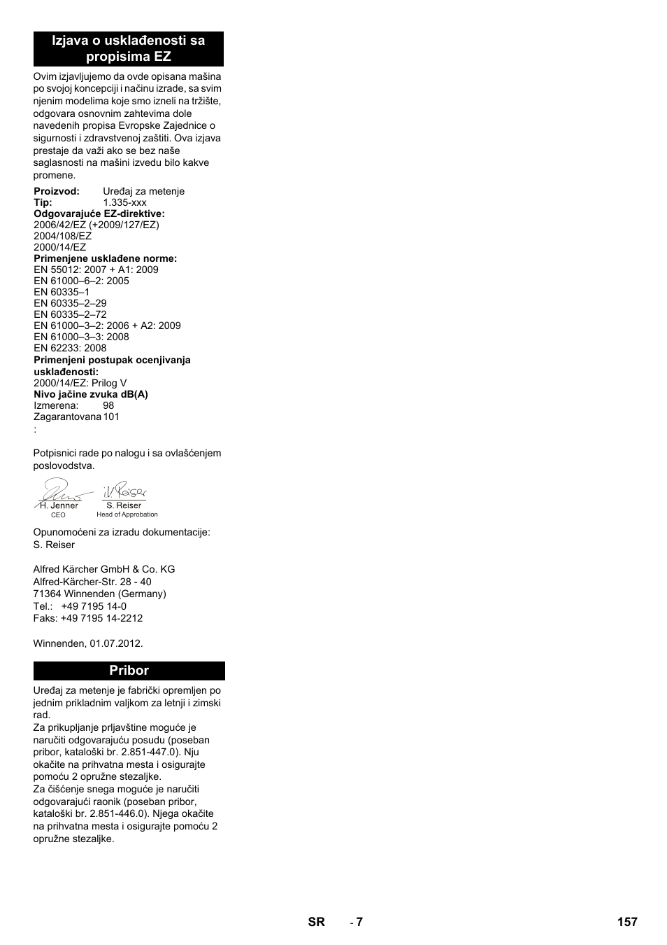 Izjava o usklađenosti sa propisima ez, Pribor | Karcher KM 80 W P User Manual | Page 157 / 196