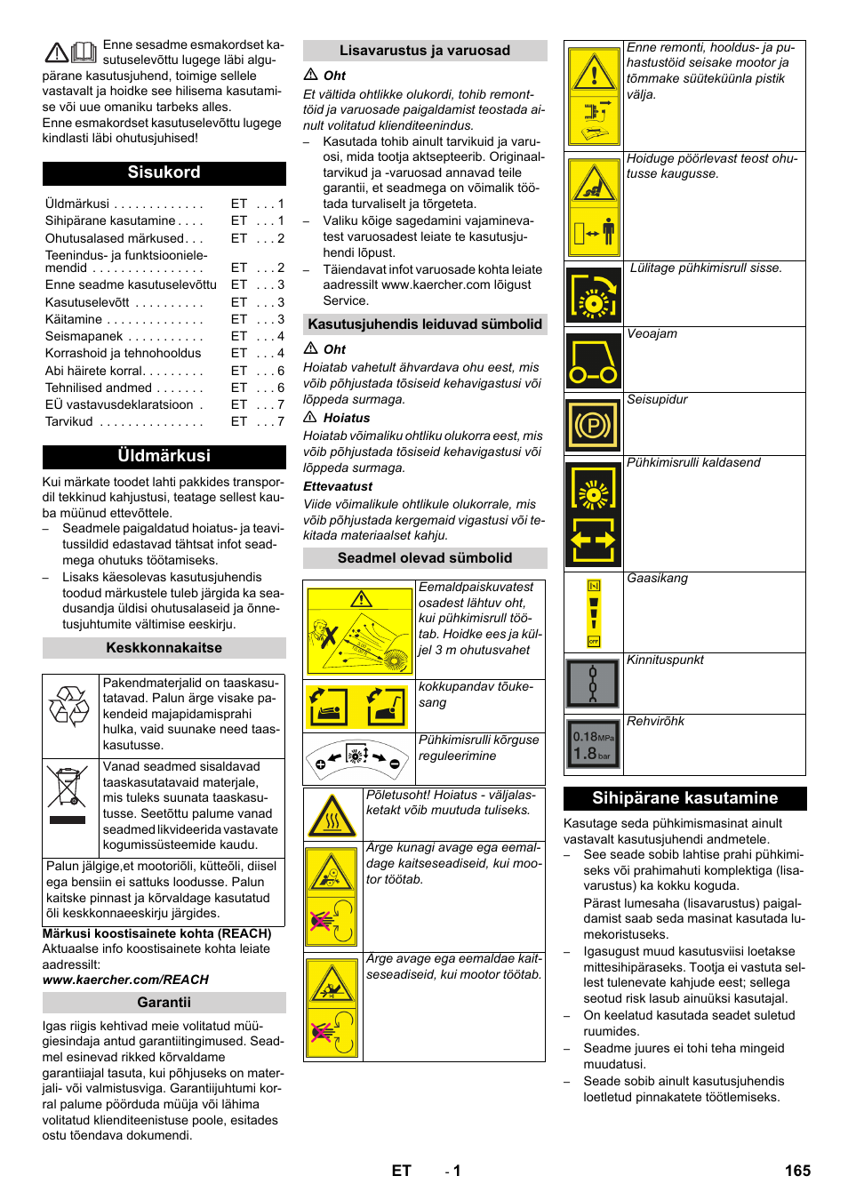 Eesti, Sisukord, Üldmärkusi | Sihipärane kasutamine | Karcher KM 80 W P User Manual | Page 165 / 196