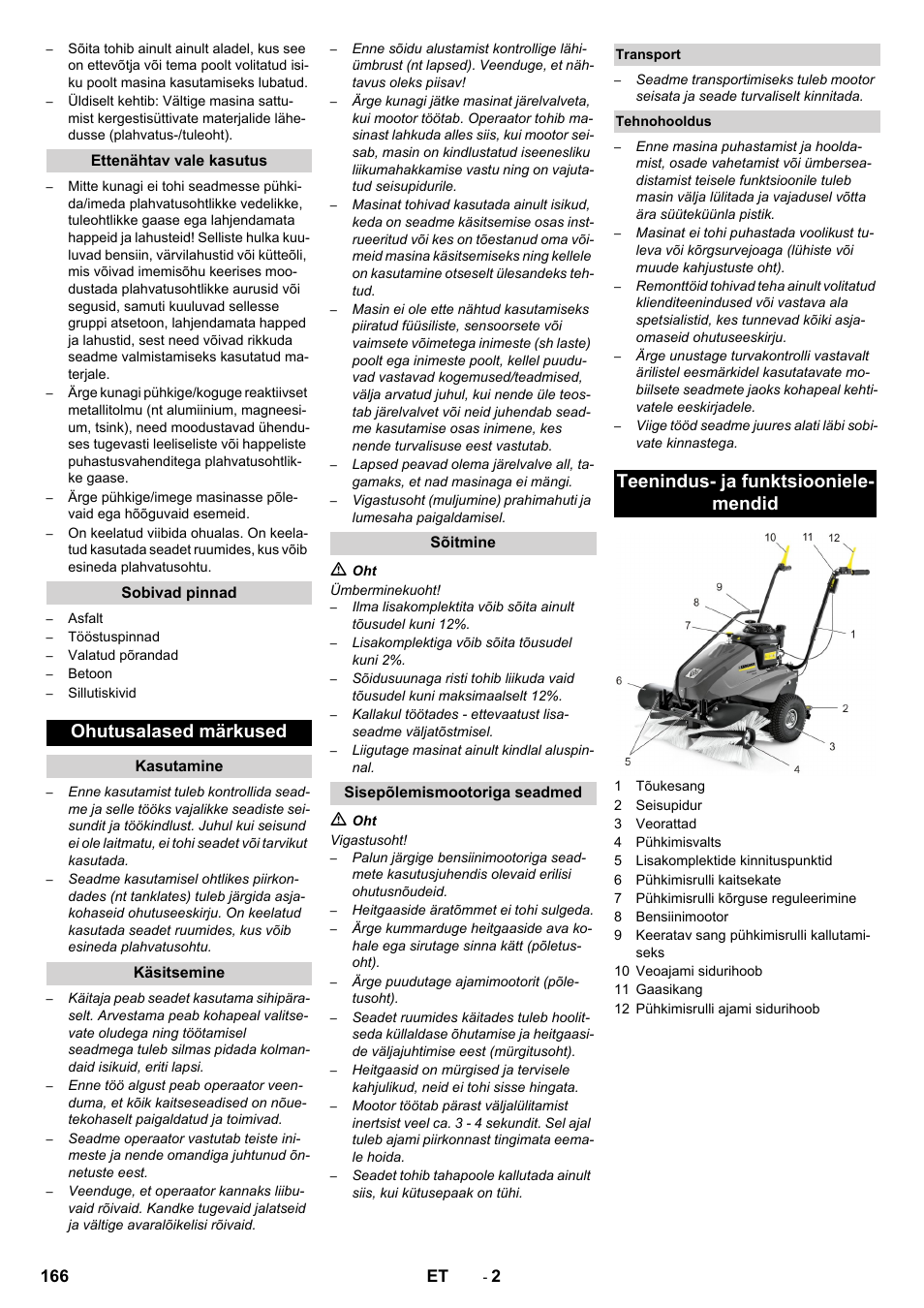 Ohutusalased märkused, Teenindus- ja funktsiooniele- mendid | Karcher KM 80 W P User Manual | Page 166 / 196