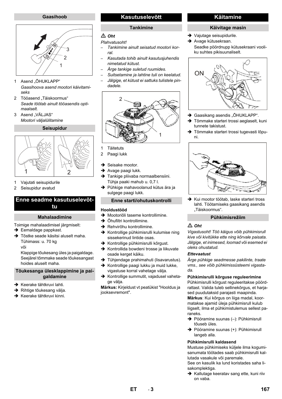 Enne seadme kasutuselevõt- tu, Kasutuselevõtt, Käitamine | Karcher KM 80 W P User Manual | Page 167 / 196