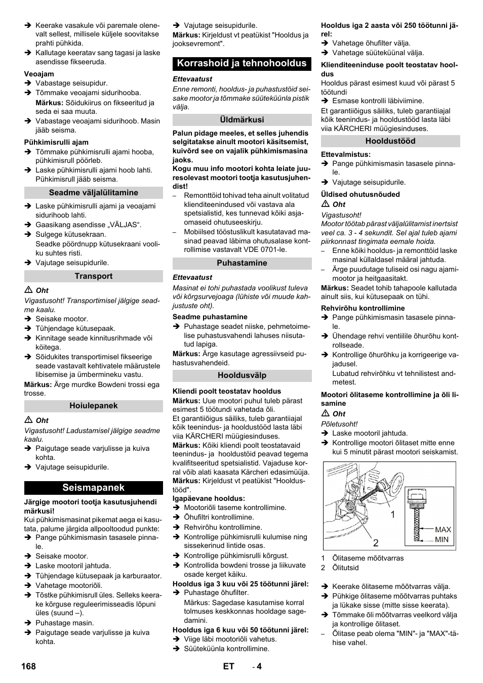 Seismapanek korrashoid ja tehnohooldus | Karcher KM 80 W P User Manual | Page 168 / 196