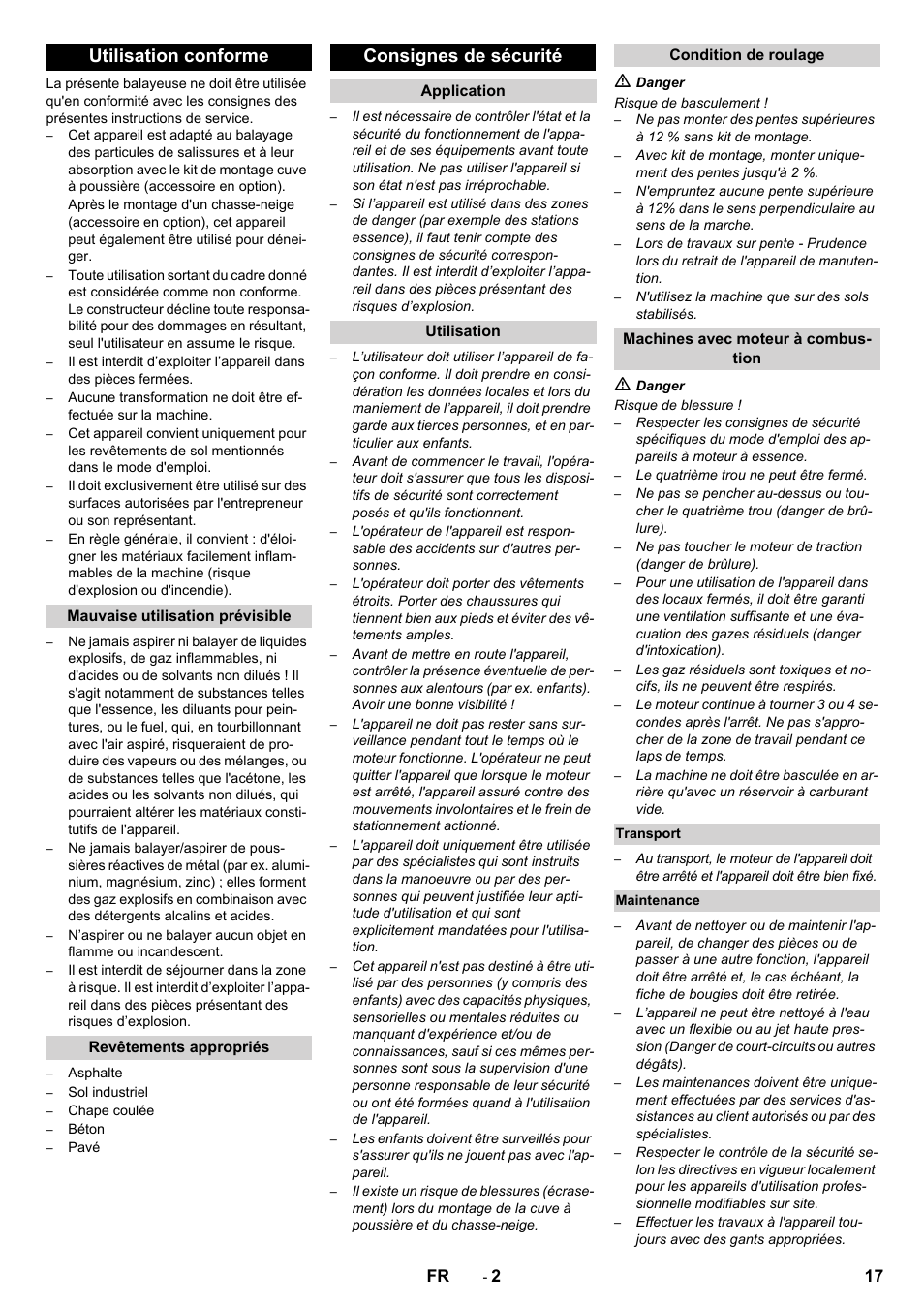 Utilisation conforme, Consignes de sécurité, 17 fr | Karcher KM 80 W P User Manual | Page 17 / 196