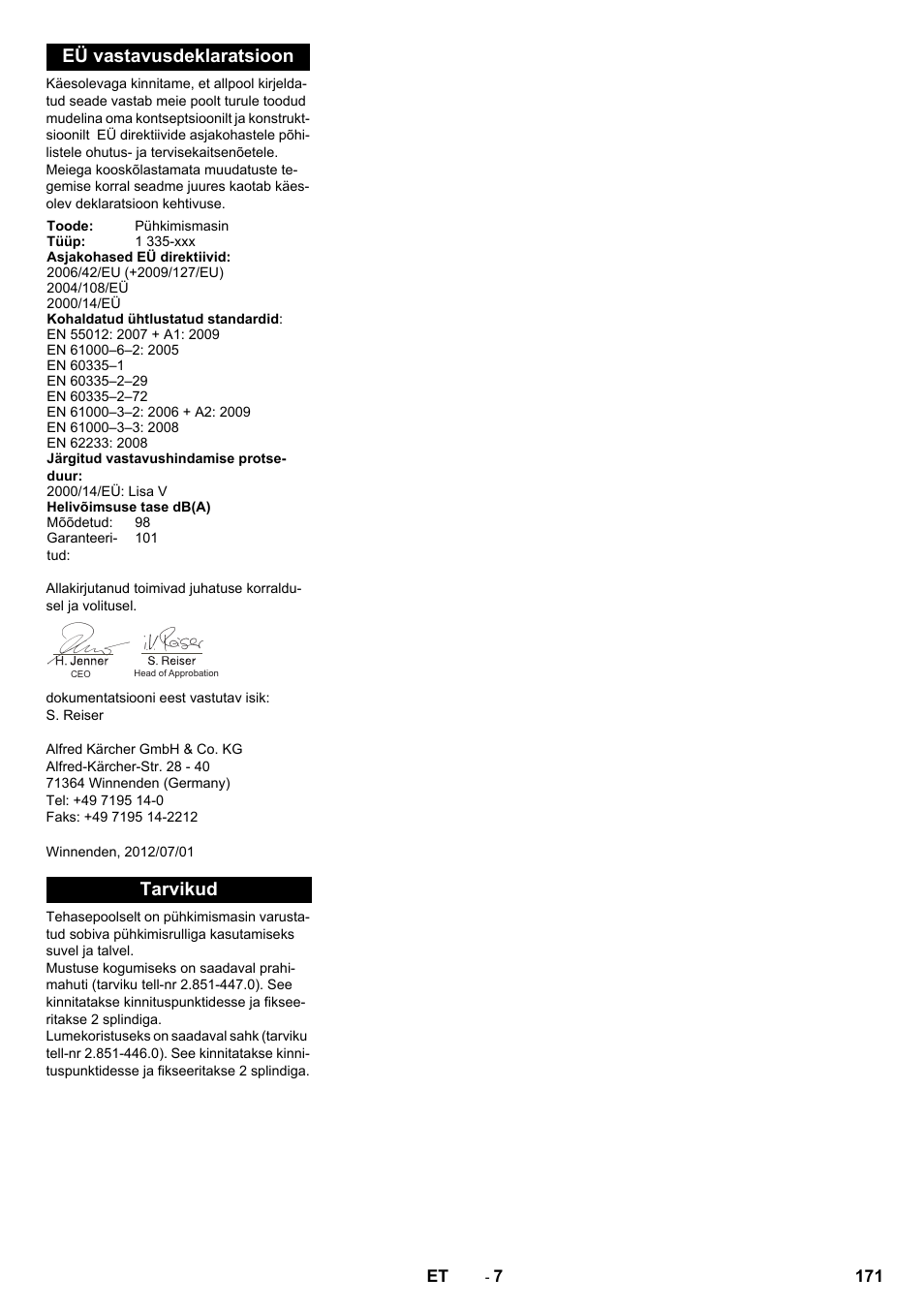 Eü vastavusdeklaratsioon, Tarvikud | Karcher KM 80 W P User Manual | Page 171 / 196