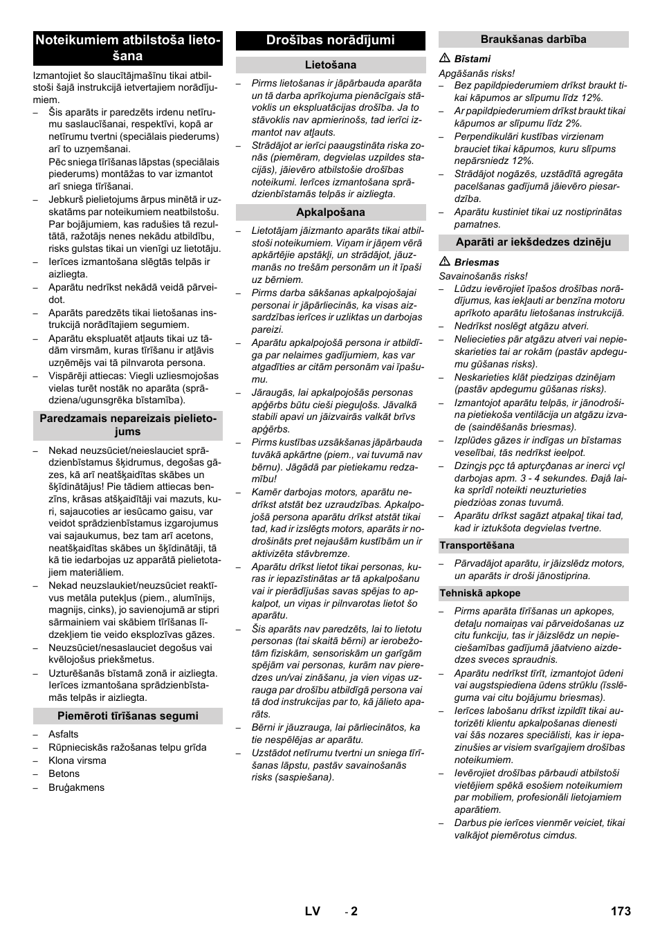 Drošības norādījumi | Karcher KM 80 W P User Manual | Page 173 / 196