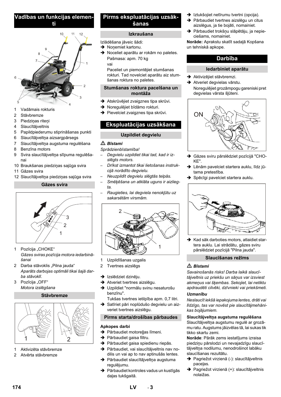 Vadības un funkcijas elemen- ti, Pirms ekspluatācijas uzsāk- šanas, Ekspluatācijas uzsākšana | Darbība | Karcher KM 80 W P User Manual | Page 174 / 196