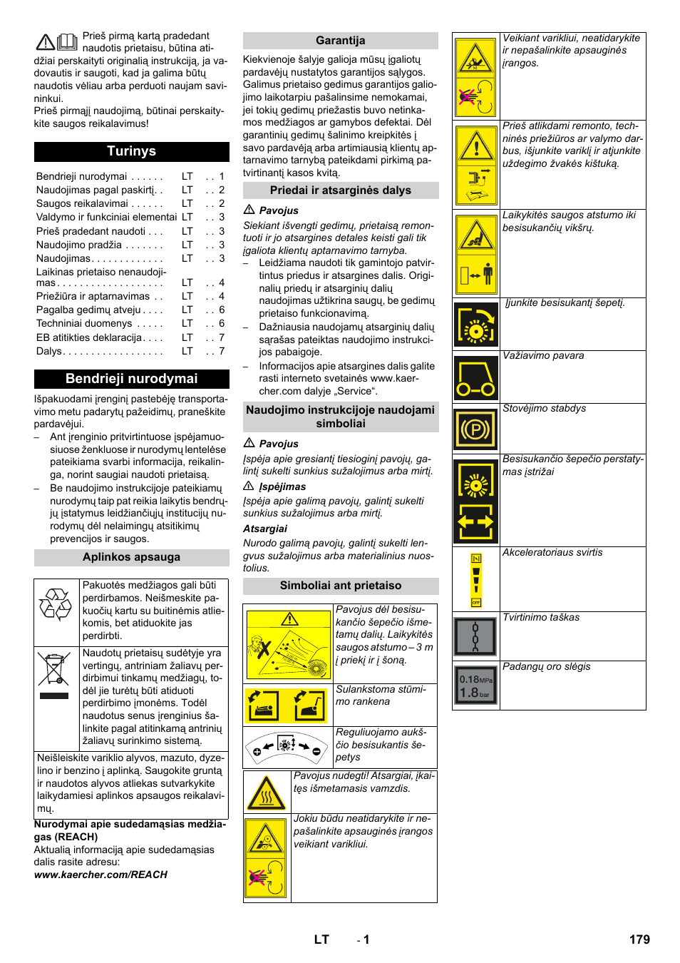 Lietuviškai, Turinys, Bendrieji nurodymai | Karcher KM 80 W P User Manual | Page 179 / 196