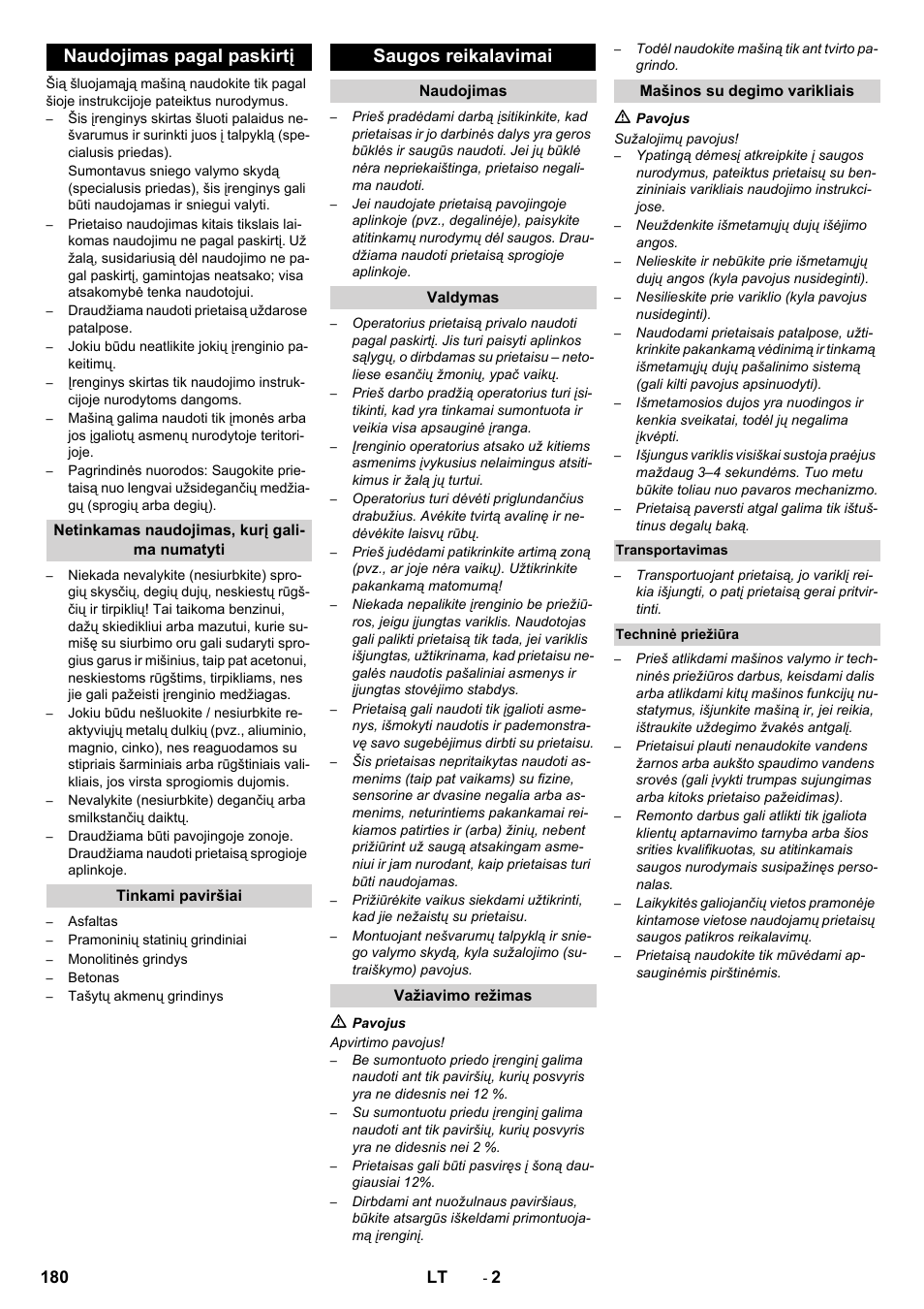 Naudojimas pagal paskirtį, Saugos reikalavimai, 180 lt | Karcher KM 80 W P User Manual | Page 180 / 196