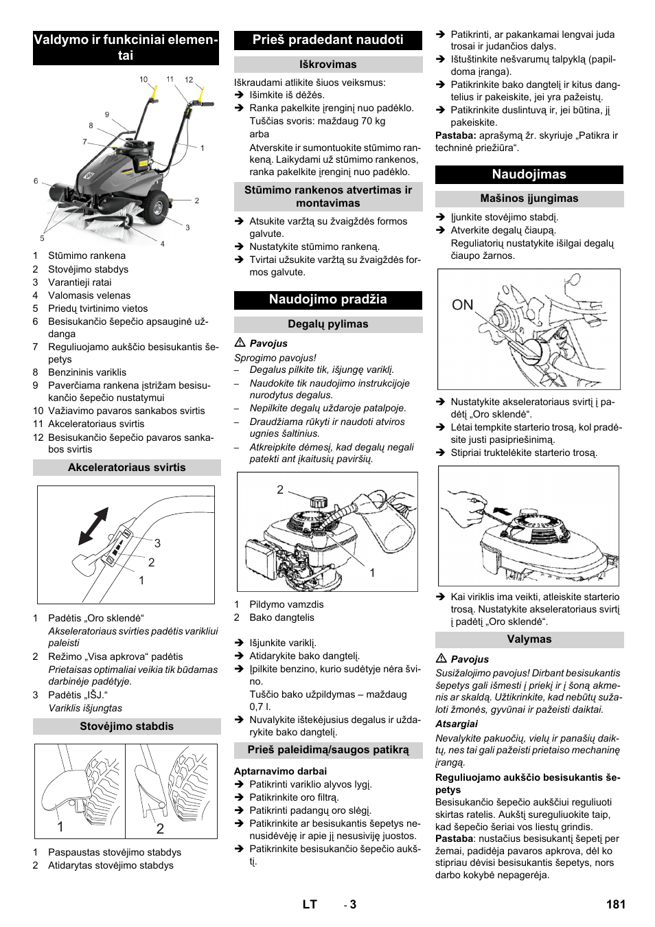 Valdymo ir funkciniai elemen- tai, Prieš pradedant naudoti, Naudojimo pradžia | Naudojimas | Karcher KM 80 W P User Manual | Page 181 / 196