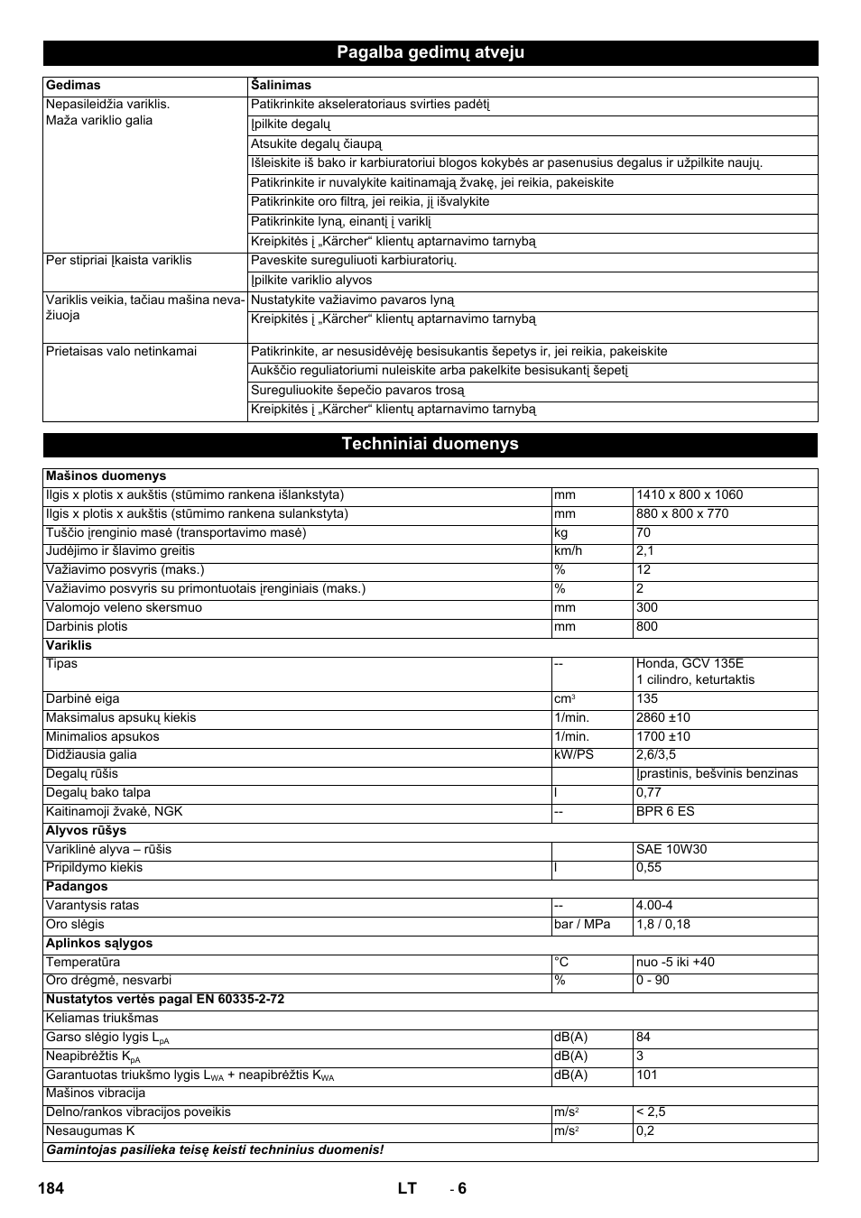 Pagalba gedimų atveju, Techniniai duomenys | Karcher KM 80 W P User Manual | Page 184 / 196