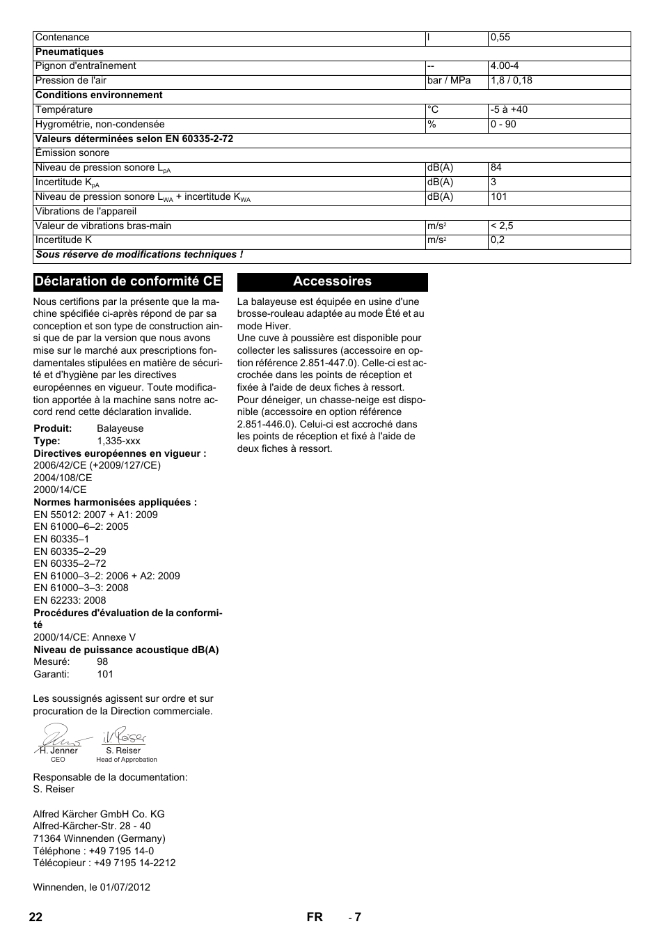 Déclaration de conformité ce, Accessoires | Karcher KM 80 W P User Manual | Page 22 / 196