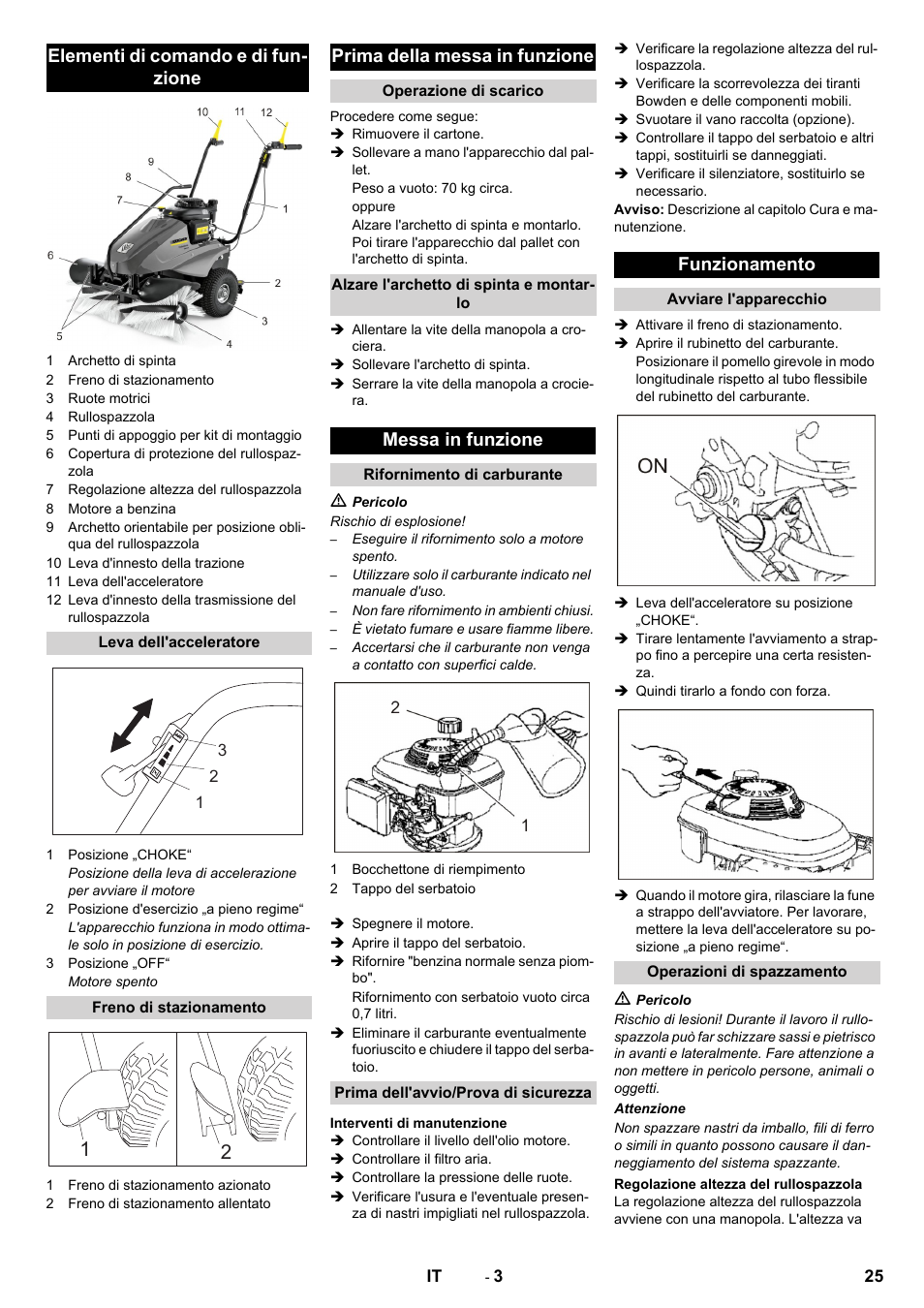 Elementi di comando e di fun- zione, Prima della messa in funzione, Messa in funzione | Funzionamento | Karcher KM 80 W P User Manual | Page 25 / 196