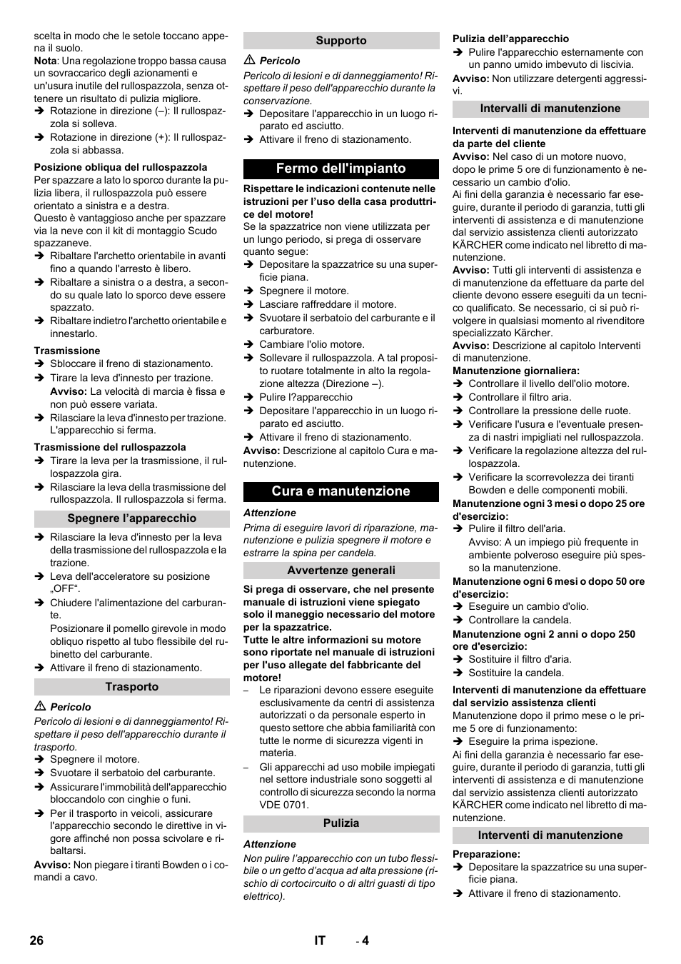 Fermo dell'impianto cura e manutenzione | Karcher KM 80 W P User Manual | Page 26 / 196