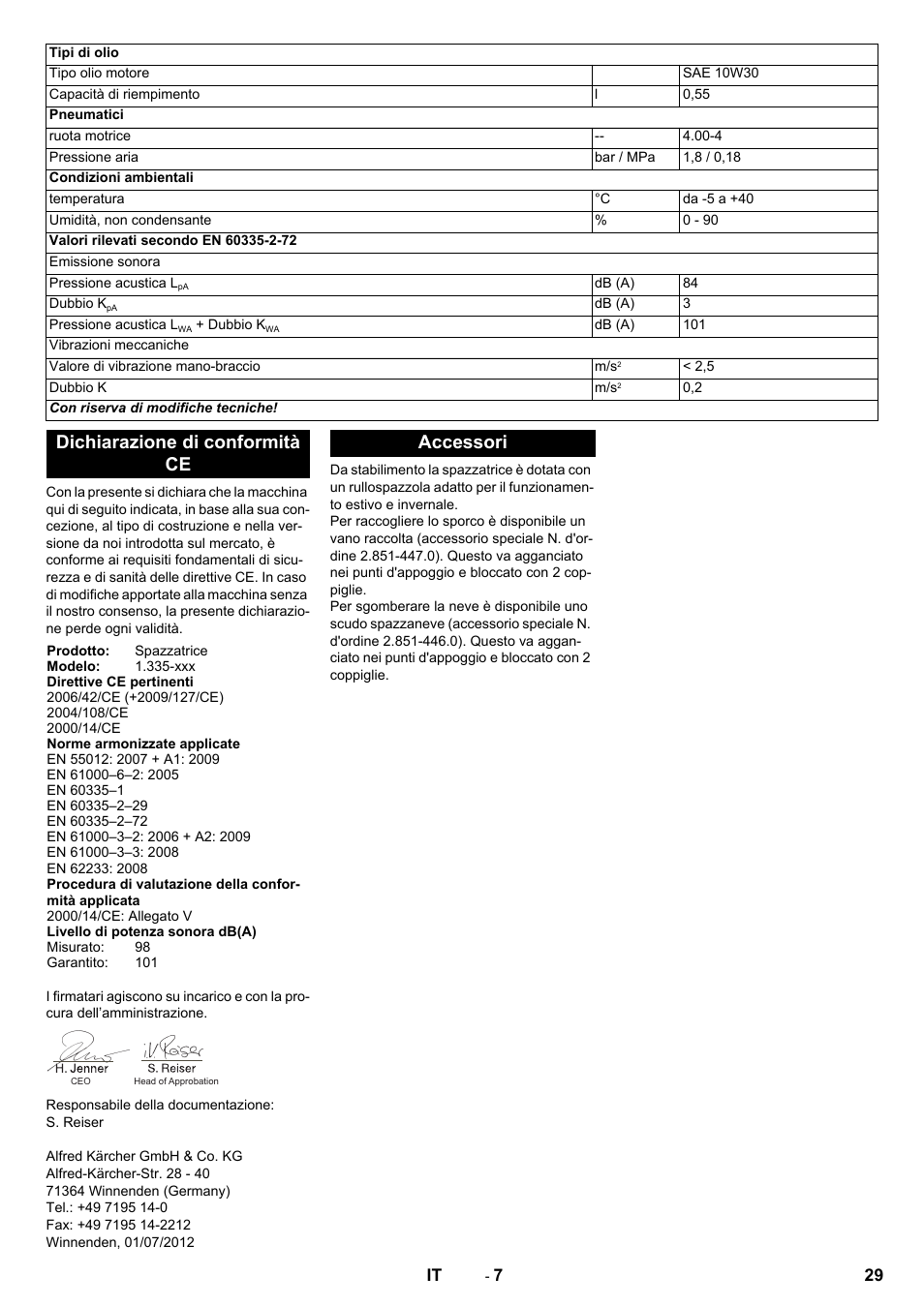 Dichiarazione di conformità ce, Accessori | Karcher KM 80 W P User Manual | Page 29 / 196