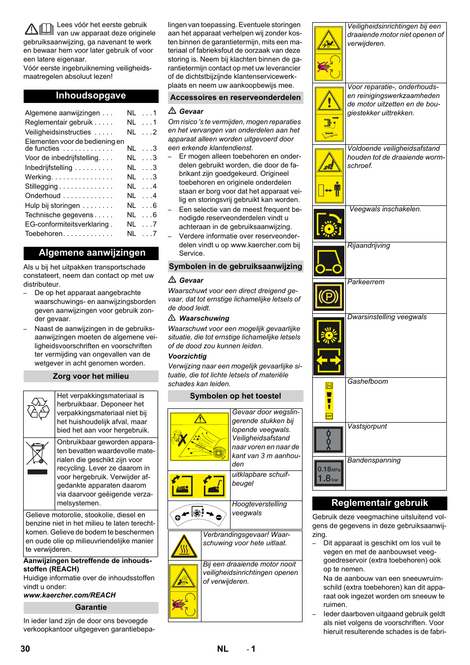 Nederlands, Inhoudsopgave, Algemene aanwijzingen | Reglementair gebruik | Karcher KM 80 W P User Manual | Page 30 / 196