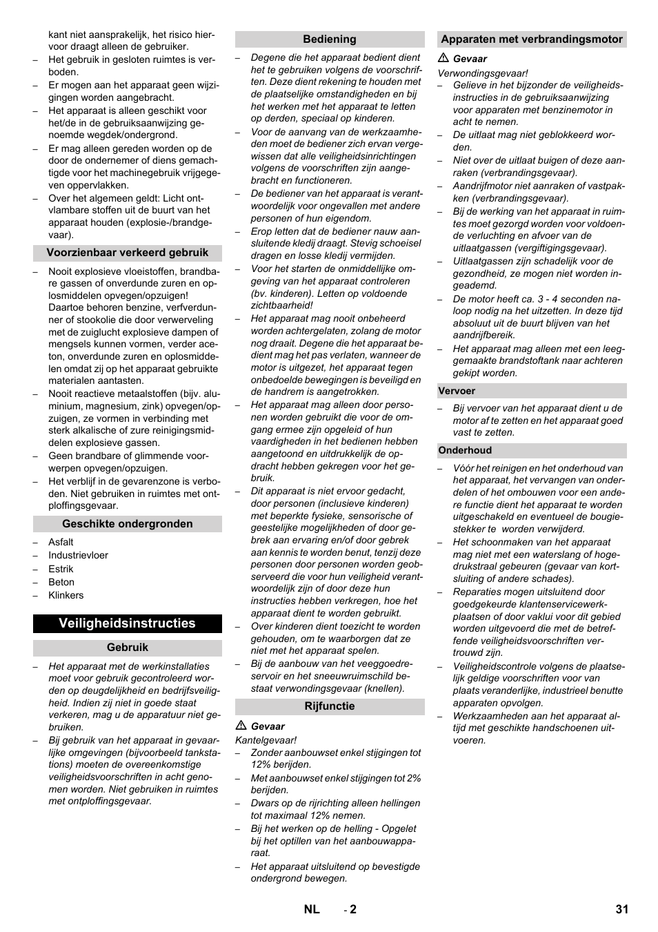 Veiligheidsinstructies, 31 nl | Karcher KM 80 W P User Manual | Page 31 / 196