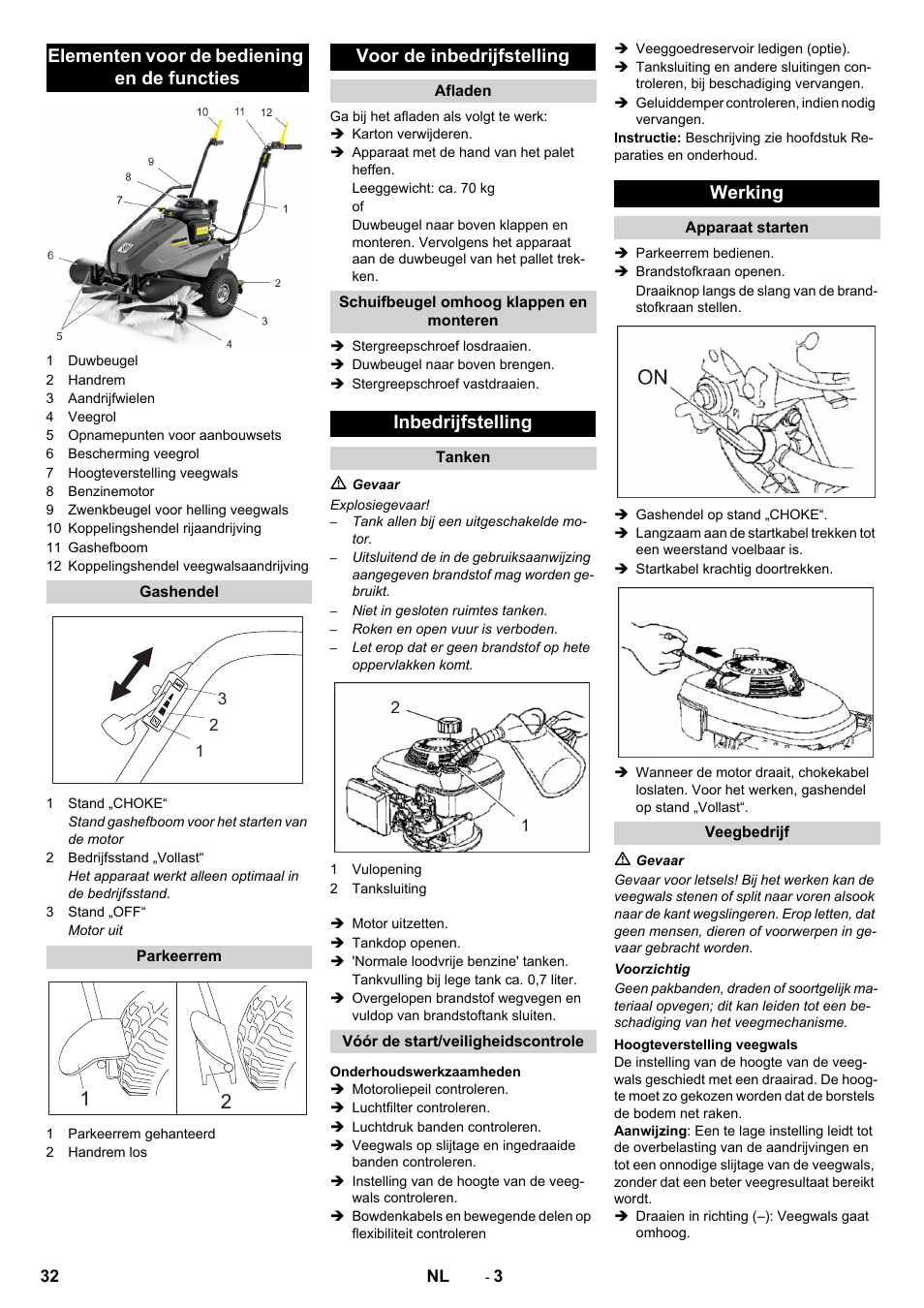 Elementen voor de bediening en de functies, Voor de inbedrijfstelling, Inbedrijfstelling | Werking | Karcher KM 80 W P User Manual | Page 32 / 196