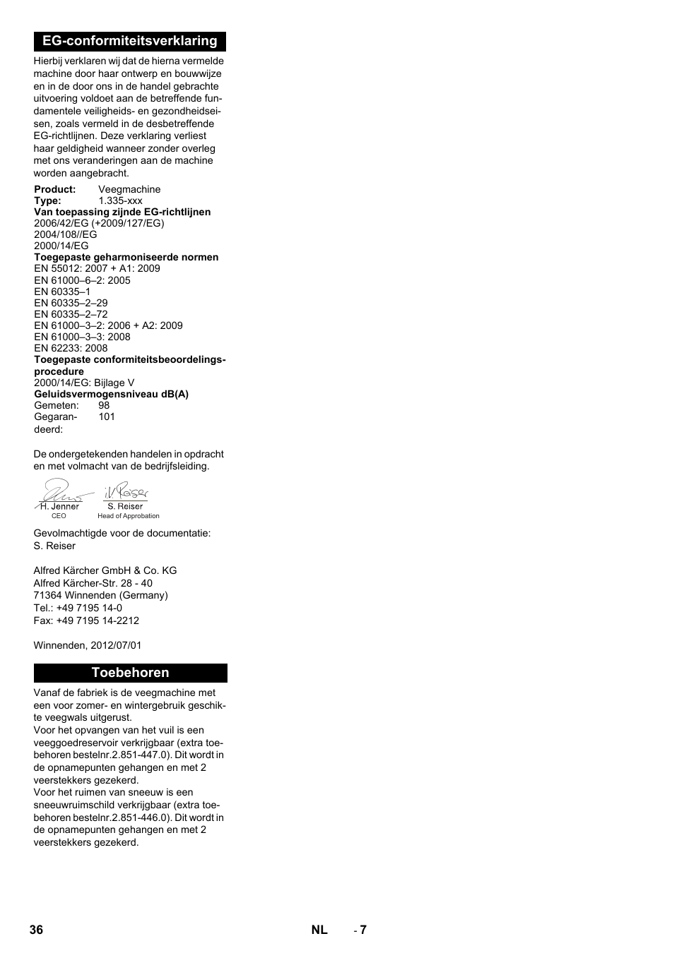 Eg-conformiteitsverklaring, Toebehoren | Karcher KM 80 W P User Manual | Page 36 / 196