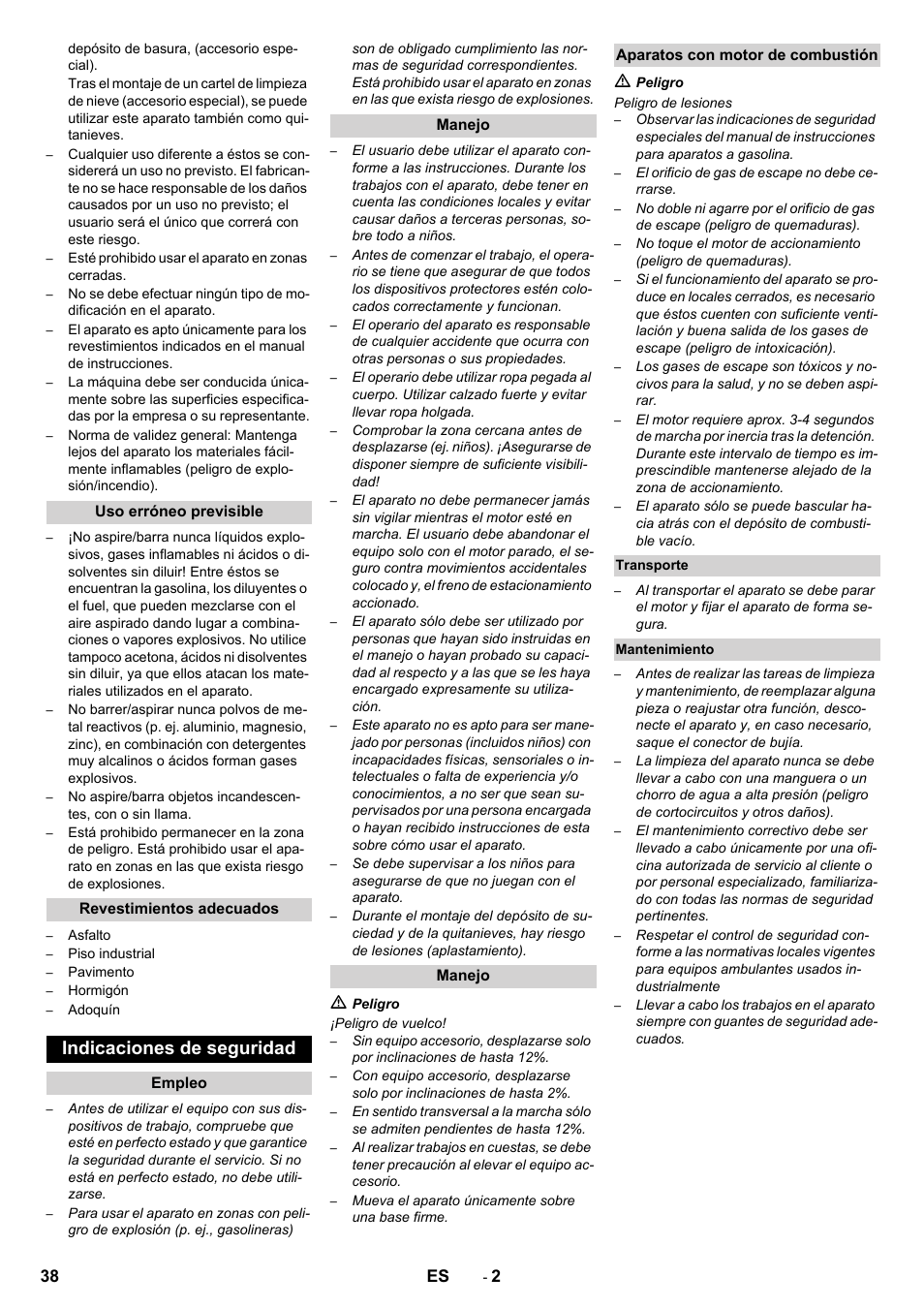 Indicaciones de seguridad, 38 es | Karcher KM 80 W P User Manual | Page 38 / 196