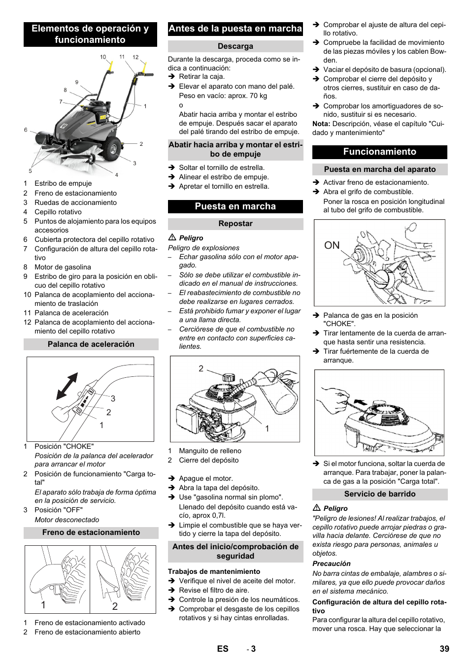 Elementos de operación y funcionamiento, Antes de la puesta en marcha, Puesta en marcha | Funcionamiento | Karcher KM 80 W P User Manual | Page 39 / 196