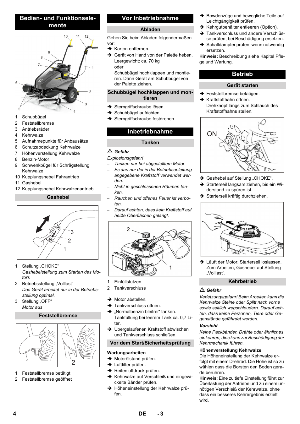 Bedien- und funktionsele- mente, Vor inbetriebnahme, Inbetriebnahme | Betrieb | Karcher KM 80 W P User Manual | Page 4 / 196