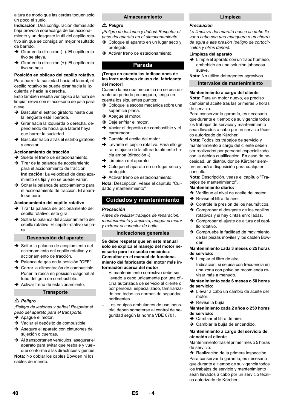 Parada cuidados y mantenimiento | Karcher KM 80 W P User Manual | Page 40 / 196