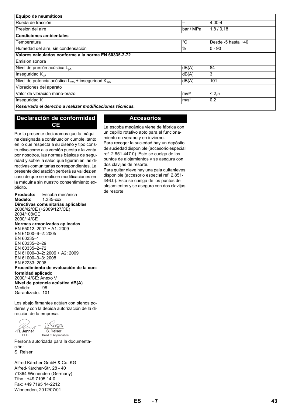 Declaración de conformidad ce, Accesorios | Karcher KM 80 W P User Manual | Page 43 / 196