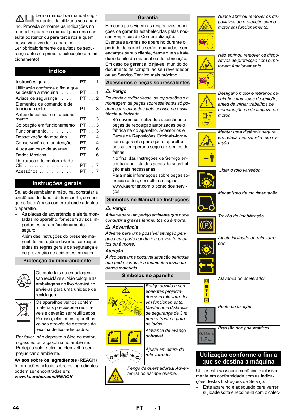 Português, Índice, Instruções gerais | Karcher KM 80 W P User Manual | Page 44 / 196