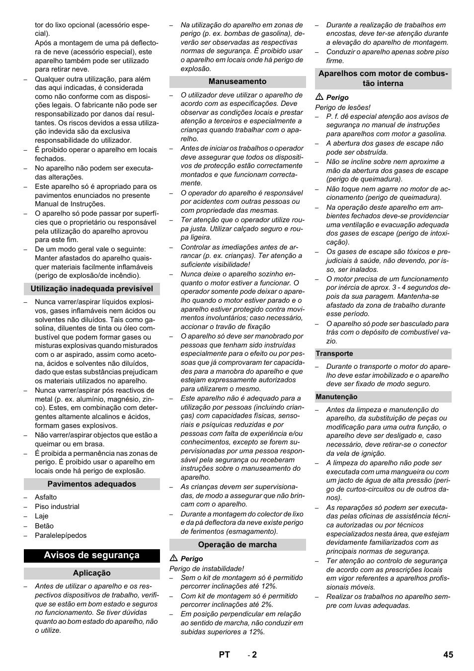 Avisos de segurança, 45 pt | Karcher KM 80 W P User Manual | Page 45 / 196