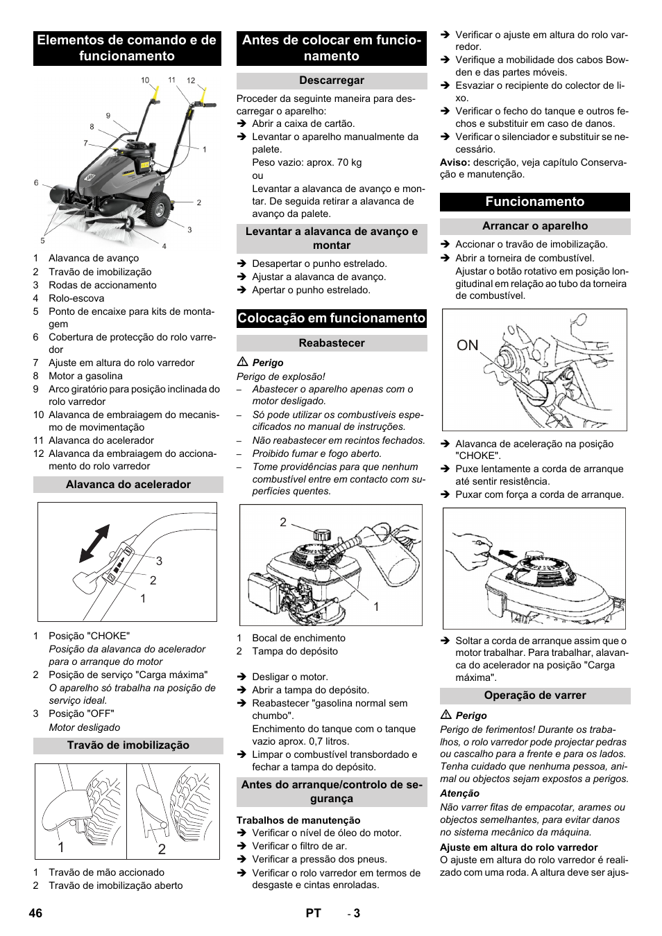 Elementos de comando e de funcionamento, Antes de colocar em funcio- namento, Colocação em funcionamento | Funcionamento | Karcher KM 80 W P User Manual | Page 46 / 196